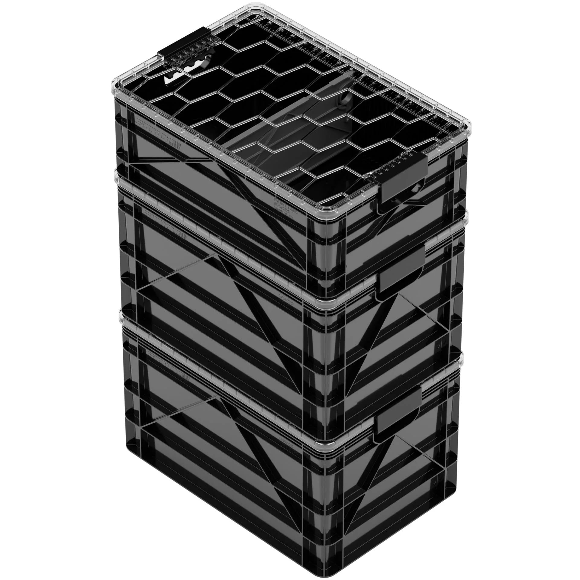 SIDIO CRATE Starter Pack - Two Full Size and One Half Size SidioCrate, Stackable Outdoor Organizer Storage Bins with Clear Lid and Dividers - Tan