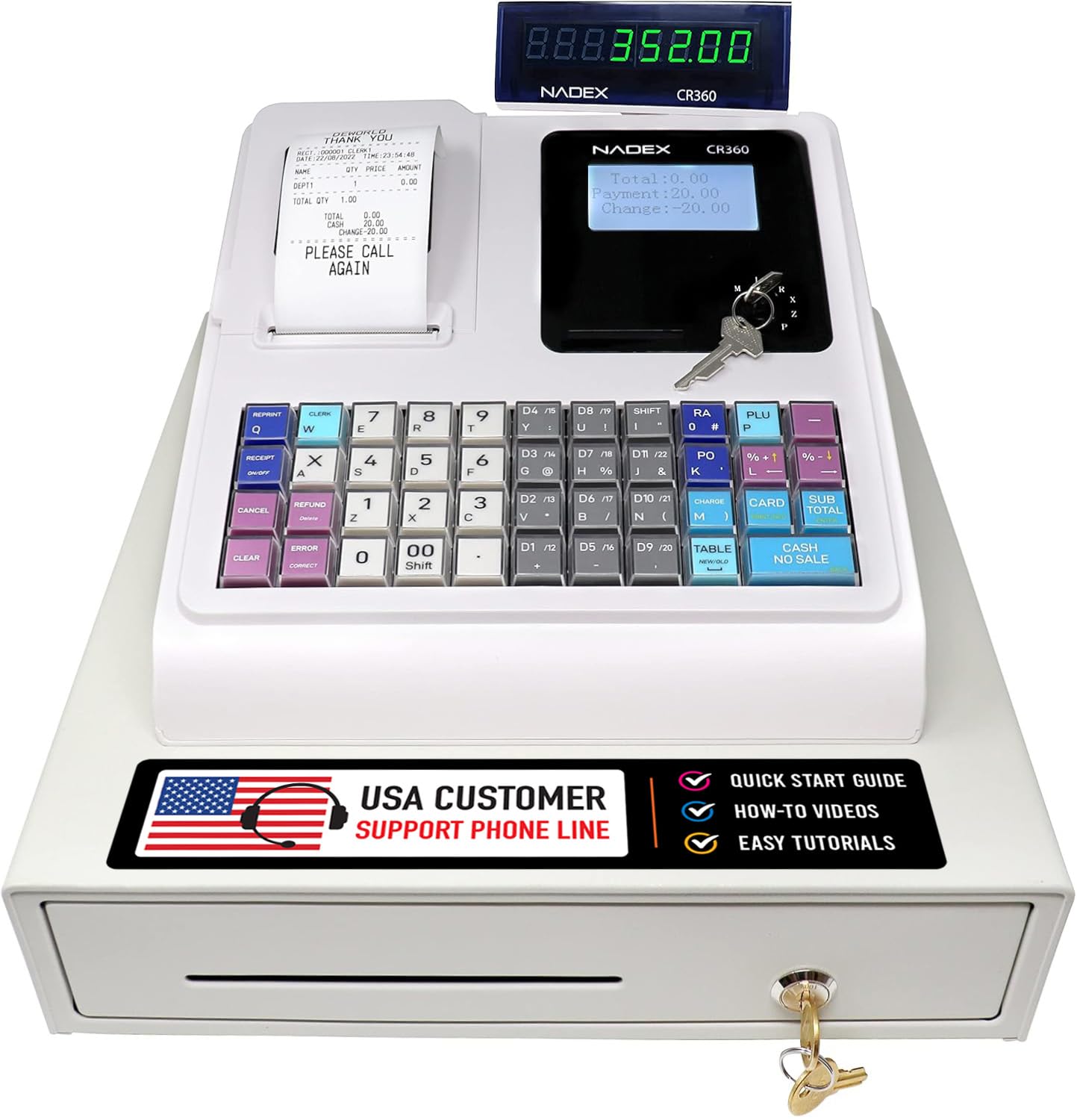 Nadex CR360 Cash Register, 4700 Lookups 50 Dept 50 Clerks, Quick Load Thermal Printer, Compact Size, Cash and Coin Drawer, Black