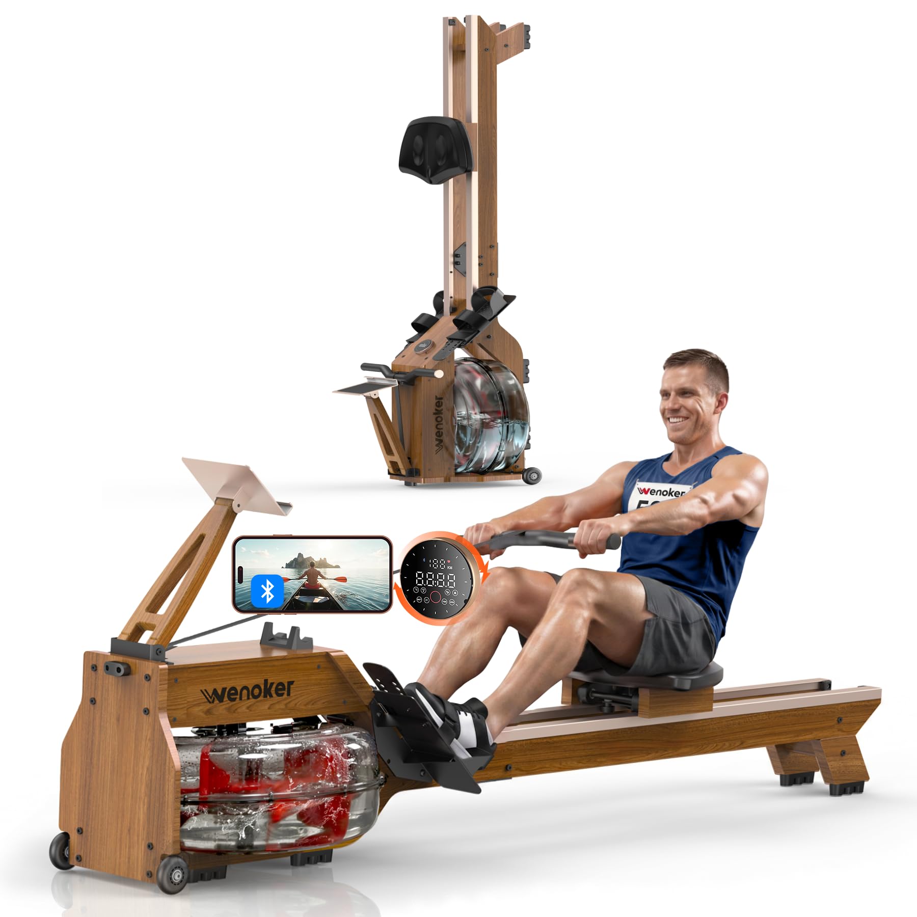 WENOKER Water Rowing Machines for Home Use, Water-Magnetic Dual Resistance Professional Rower Machine with Smart Electronic Knob,Wooden Row with Bluetooth App Compatible for Home Gym Exercise 400 LBS