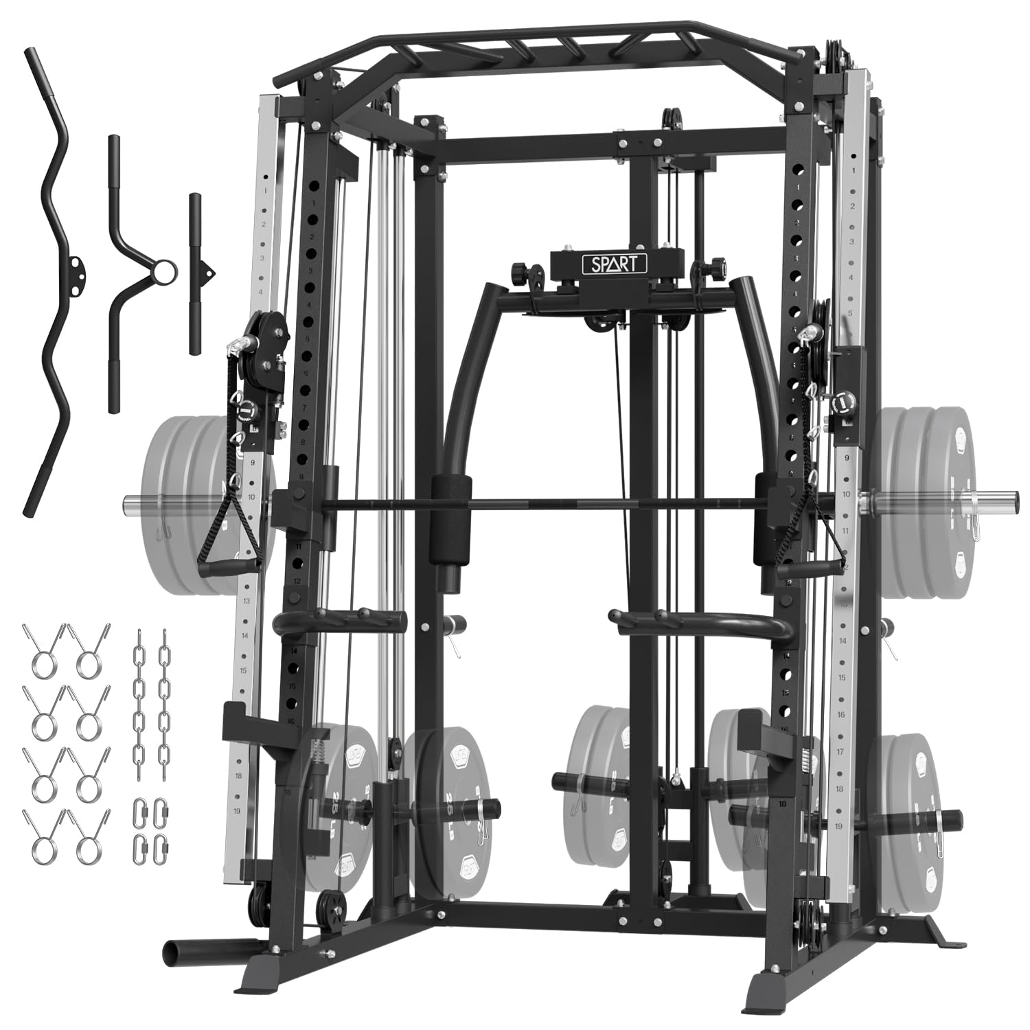 SPART Workout Station Angled Smith Machine with Bench,Cage System-Home Gym Multifunction Rack,Workout Equipment with Smith Bar, LAT Pull-Down Systems, Cable Crossover Machine and Cable Attachment