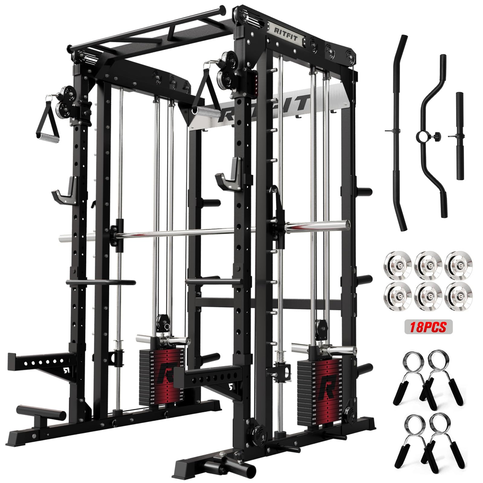 RitFit M2 3D Smith Machine & 286.6LB Built-in Weight Stack with Cable Crossover System, All in One Functional Trainer & Power Cage, 16 Adjustment Holes, 6 Storage Pegs for Full-Body Home Gym