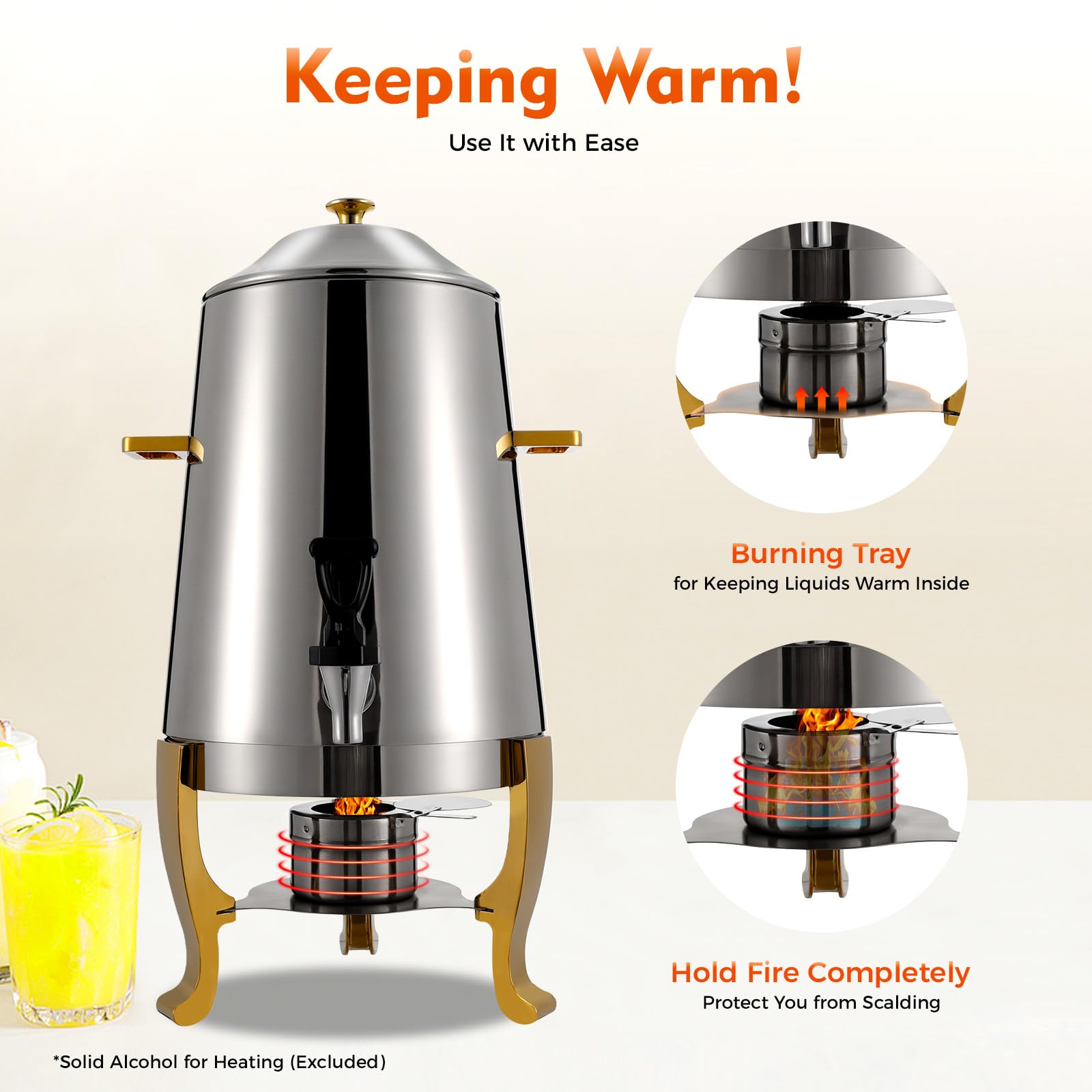 3.4 Gallon Stainless Steel Hot Beverage Drink Dispenser Can, Electric Coffee Urn with Fuel Holder 2-Way Continuous Heating, Tea Water Coffee Chafer Urn with Spigot for Parties Buffet Catering