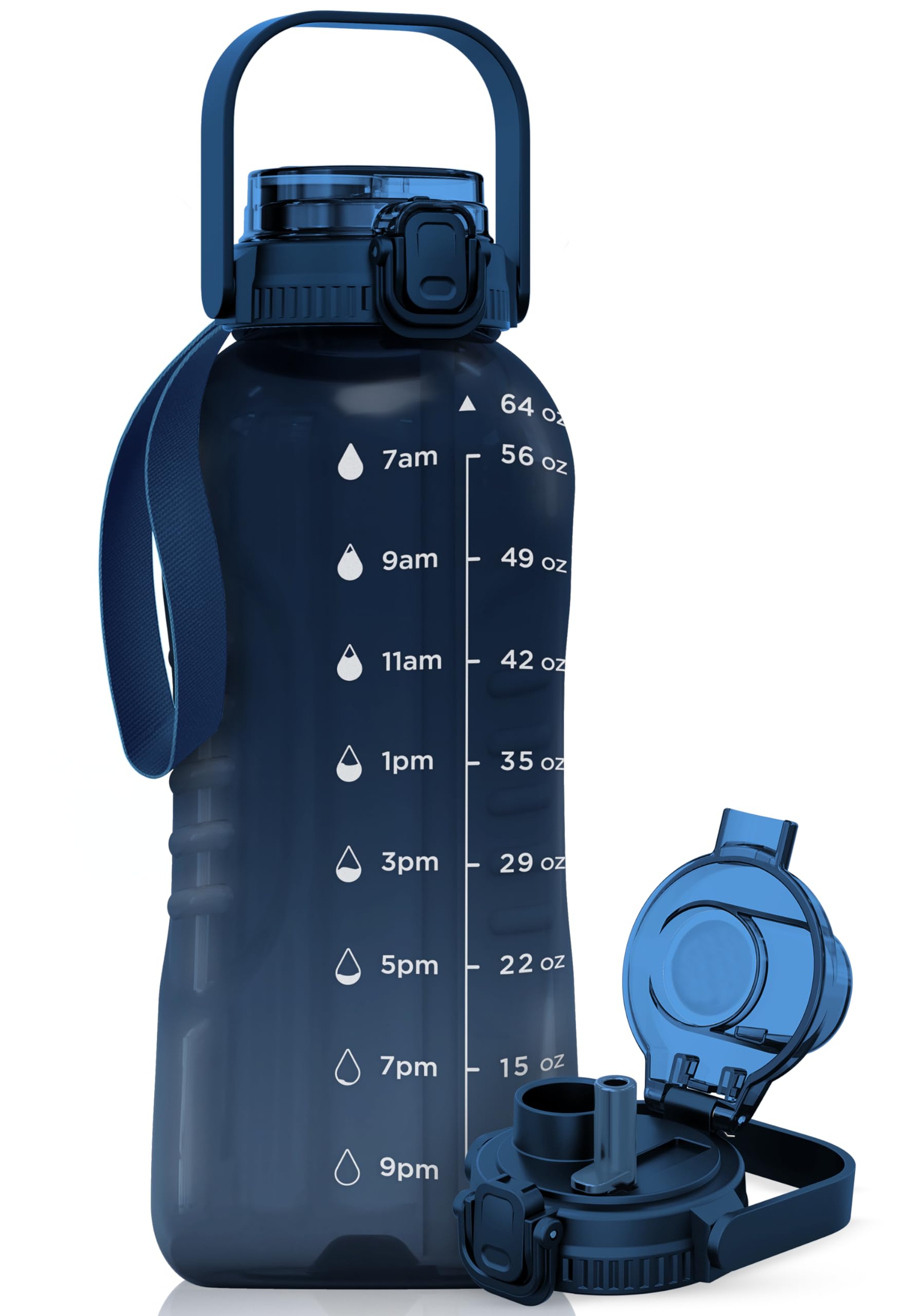 AQUAFIT 64 oz Water Bottle with Time Marker - 2in1 Straw & Chug Lid - BPA Free Big Water Bottle with Straw - Gym Water Bottle with Strap - Water Jug (64 Ounces, Clarity)