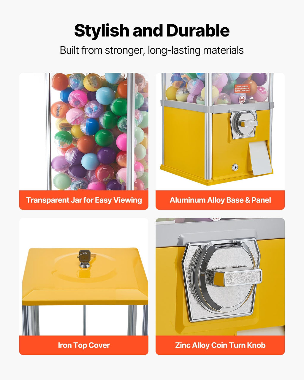 VEVOR Gumball Machine for Kids, 25" Height Home Vending Machine, PS Bouncy Balls Dispenser, Hold 230 Capsule Toys, Rectangle Bubble Gum Machine for Game Stores, Coin Operated Gumball Bank, Red