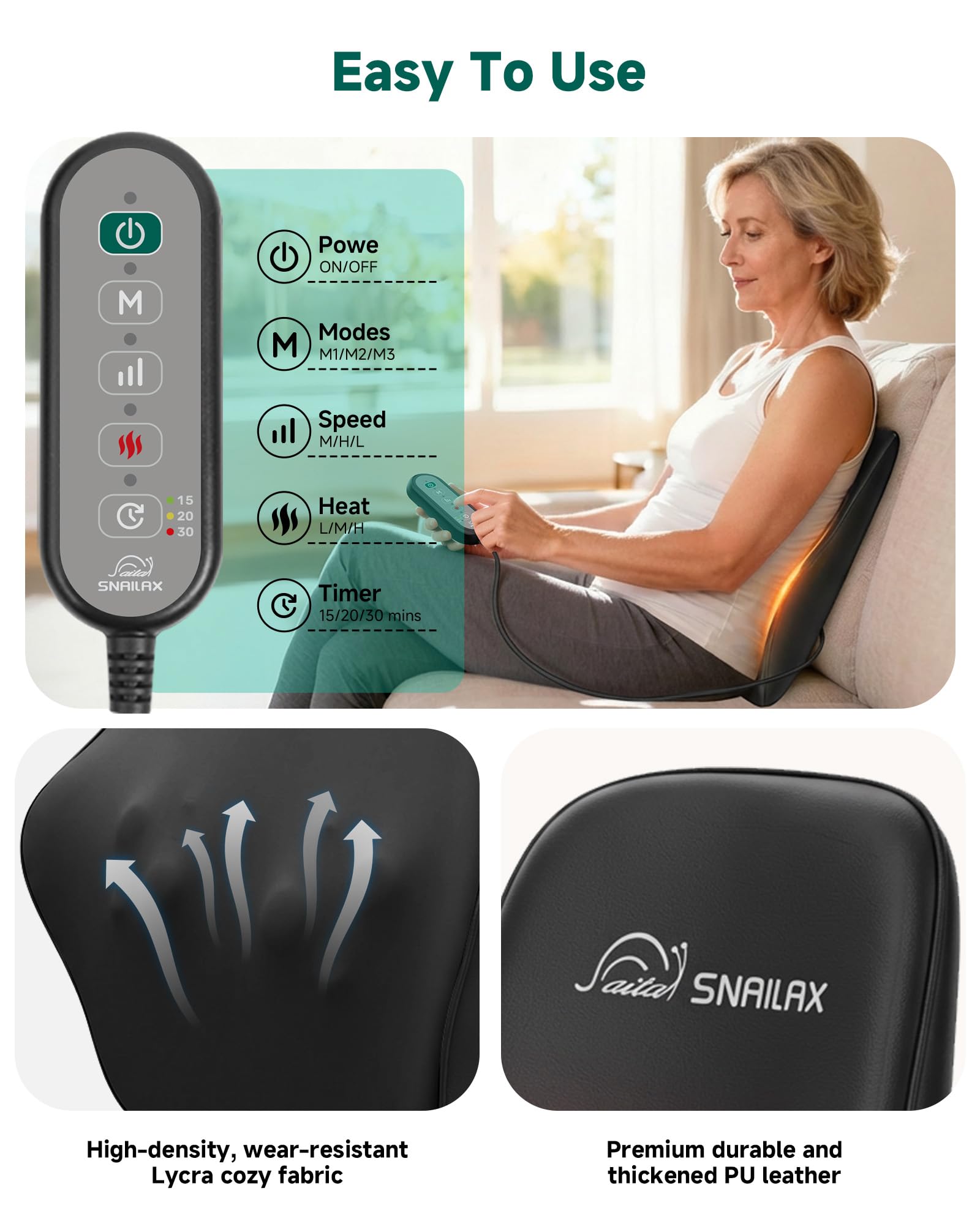 Snailax Back Massager with Heat – 3D Shiatsu Massage Pillow for Neck & Back, Fixed Kneading Nodes, Chair & Sofa Use, Gift for Mom, Dad, Women & Men