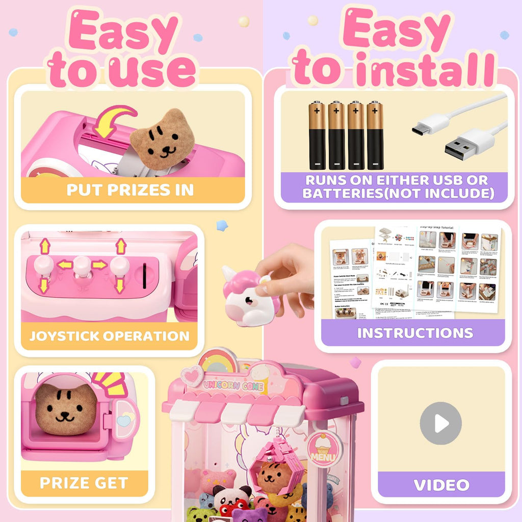 Unicorn Claw Machine for Kids, Arcade Prize Grabber with 20 Mini Plush Toys and 20 Capsules, 3-Lever Controls, Lights and Music, Gift for Ages 3 and Up