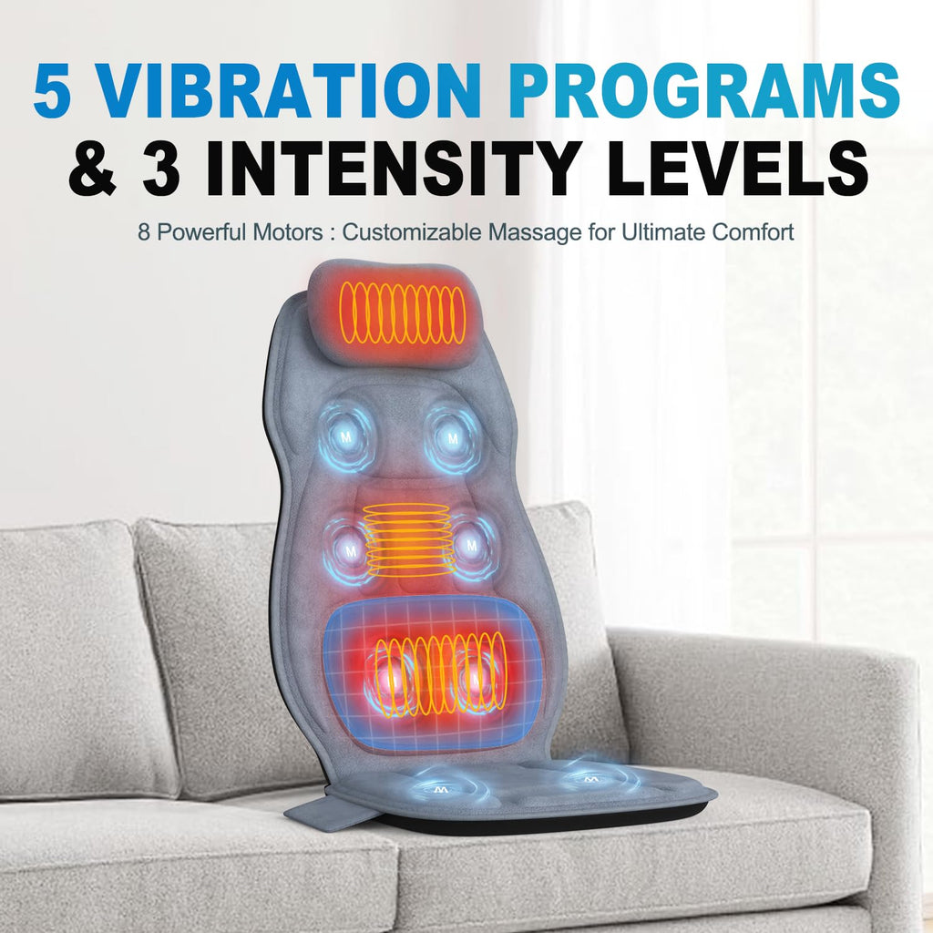 Back Massager with Heat, Full Body Massage Pad with Pillow Neck Support, Soft Plush Fabric Cover, Chair Massager with 3D Lumbar Truction and 8 Vibration Motors, Home Office Use