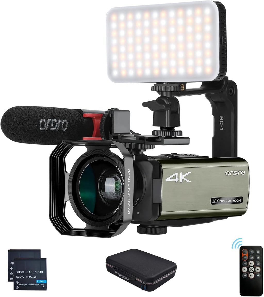 ORDRO 4K Camcorder UHD Video Camera Digital 1080P with 12x Optical Zoom Live Streaming Camera Recorder Bundle