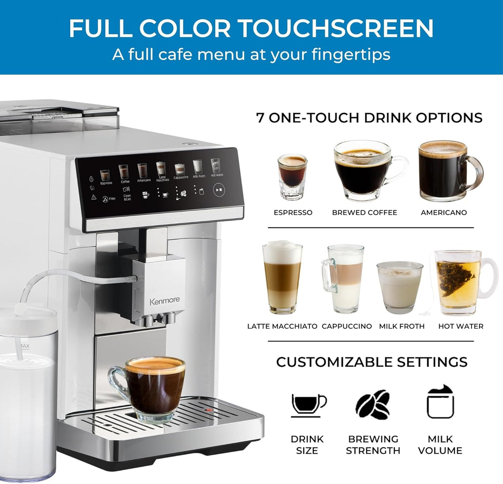 Kenmore Fully Automatic Coffee Maker - with Grinder, Milk Frother & Steamer, Auto Tamper, Descaler Expresso Machine, cafeteras electricas modernas machines For Home/Office White