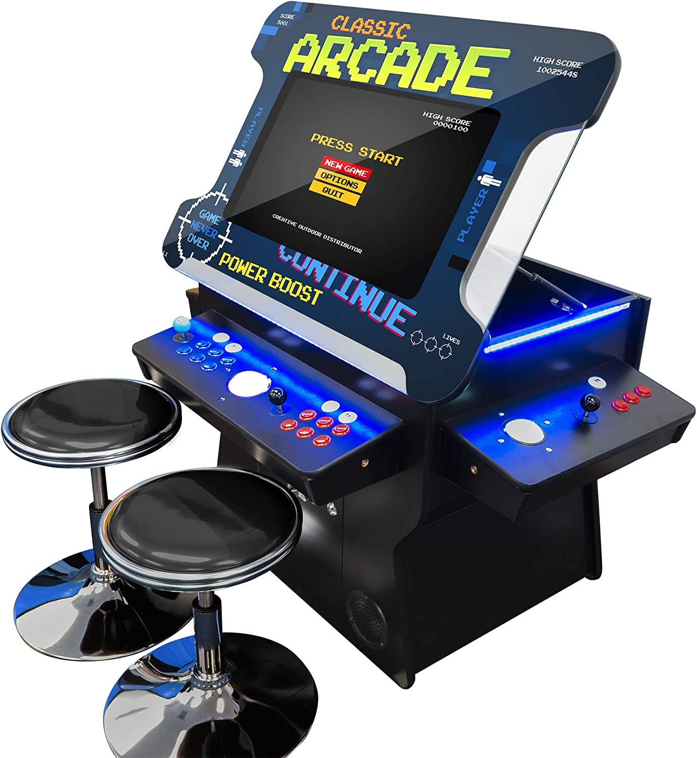 Creative Arcades Full Size Commercial Grade Cocktail Arcade Machine w/Lifting Screen | Trackball | Three-Sided | 4 Sanwa Joysticks | 2 Stools (4500 Games & 32" Screen & Woodgrain Edition)