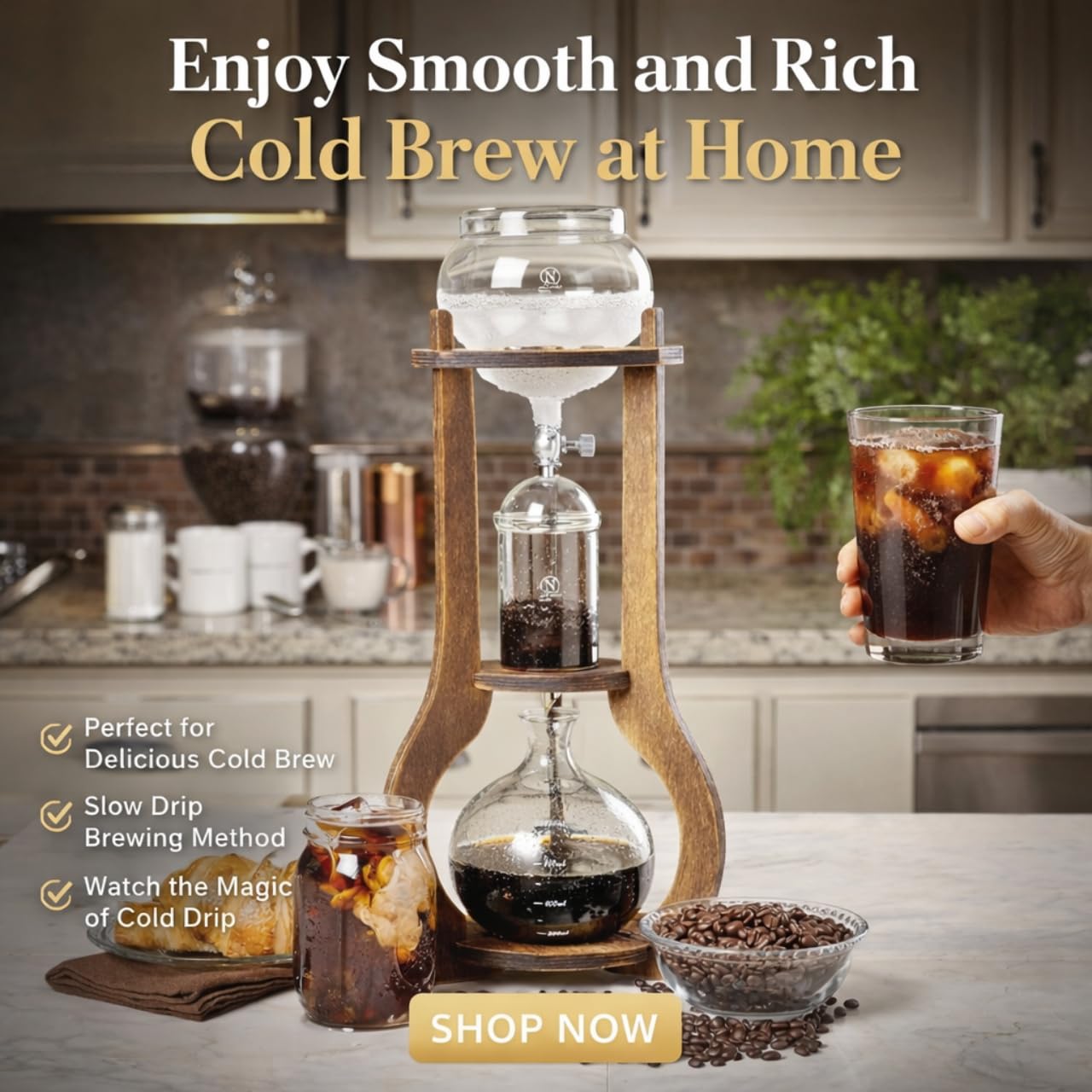 Nispira Cold Brew Drip Tower Iced Coffee Maker Glass Wooden Stand 25 Cups