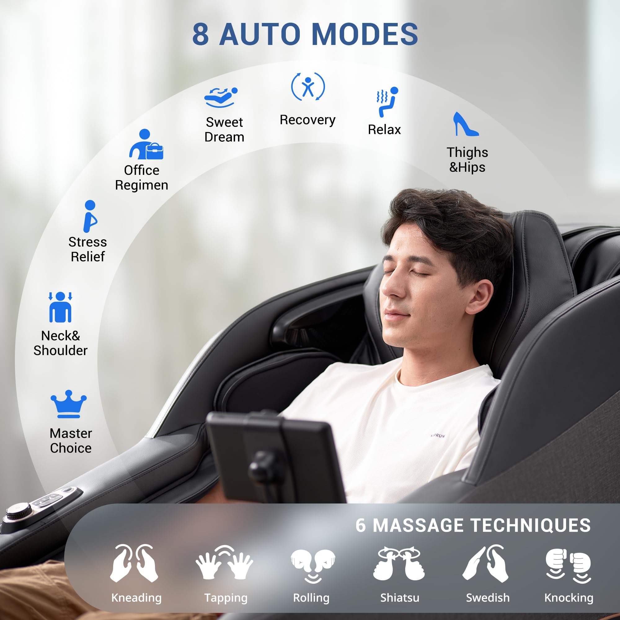 MYNTA Massage Chair Full Body, 170° Flexible SL Track Shiatsu 3D Massage Chairs with Zero Gravity, Bluetooth Speaker, Airbags & Heating, MC1650(Grey)