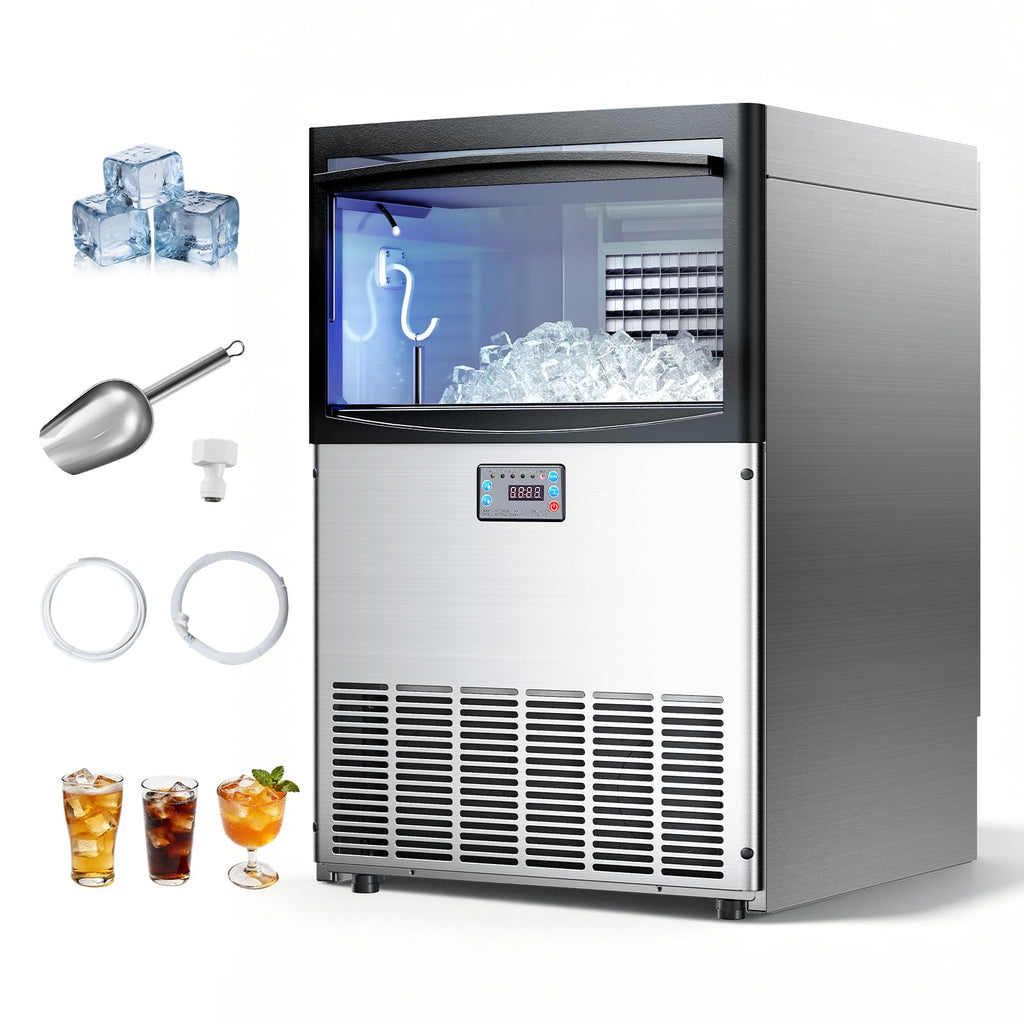 VEVOR Commercial Ice Maker Machine, 100 lbs/24h with 30-35 lbs Storage, Bullet Ice,Built-in/Freestanding/Under Counter, Stainless Steel Ice Maker with LED Display for Home Bar Restaurant