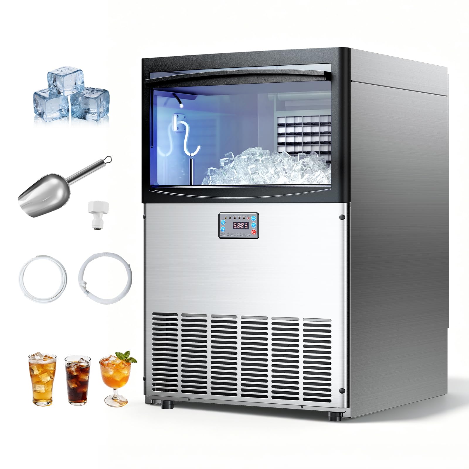 VEVOR Commercial Ice Maker Machine, 100 lbs/24h with 30-35 lbs Storage, Bullet Ice,Built-in/Freestanding/Under Counter, Stainless Steel Ice Maker with LED Display for Home Bar Restaurant