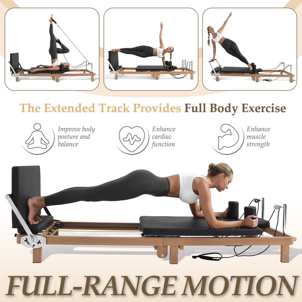 Foldable Pilates Reformer Machine – 88" Long Imitation Wood Frame with Jumpboard & Box Included, Dual Resistance System (Springs + Latex Tubes) for Full Body Workout, Home Gym Equipment for Women Men
