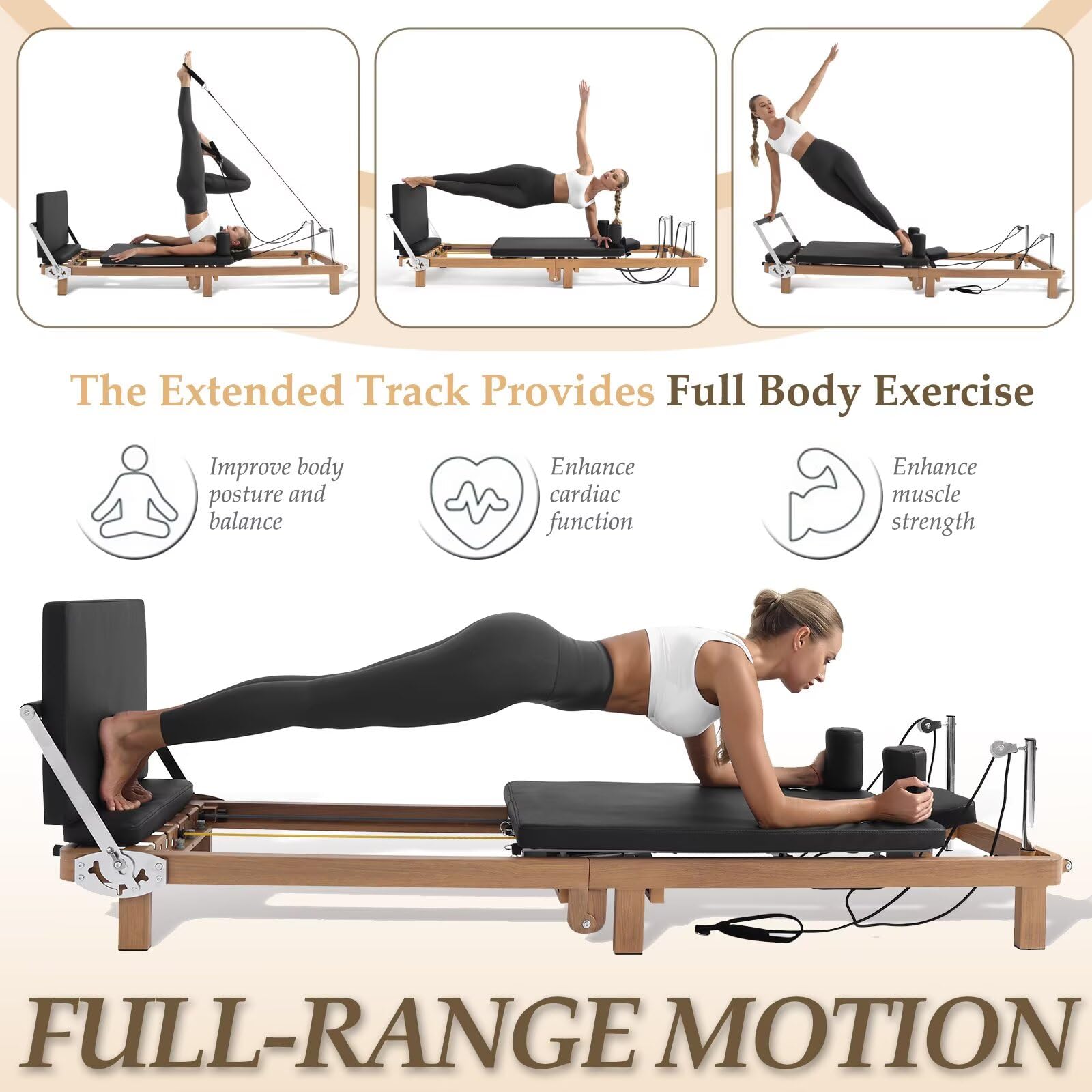 Foldable Pilates Reformer Machine – 88" Long Imitation Wood Frame with Jumpboard & Box Included, Dual Resistance System (Springs + Latex Tubes) for Full Body Workout, Home Gym Equipment for Women Men