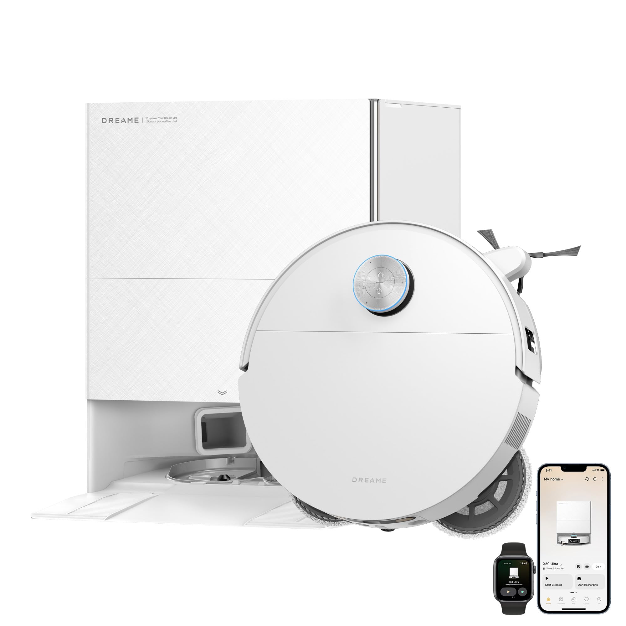 DREAME X60 Max Ultra Complete Robot Vacuum and Mop, Ultra-Thin Design, 35,000Pa Suction, Self Emptying&Refilling, Mop Self-Cleaning, 280+ Obstacle Avoidance, White