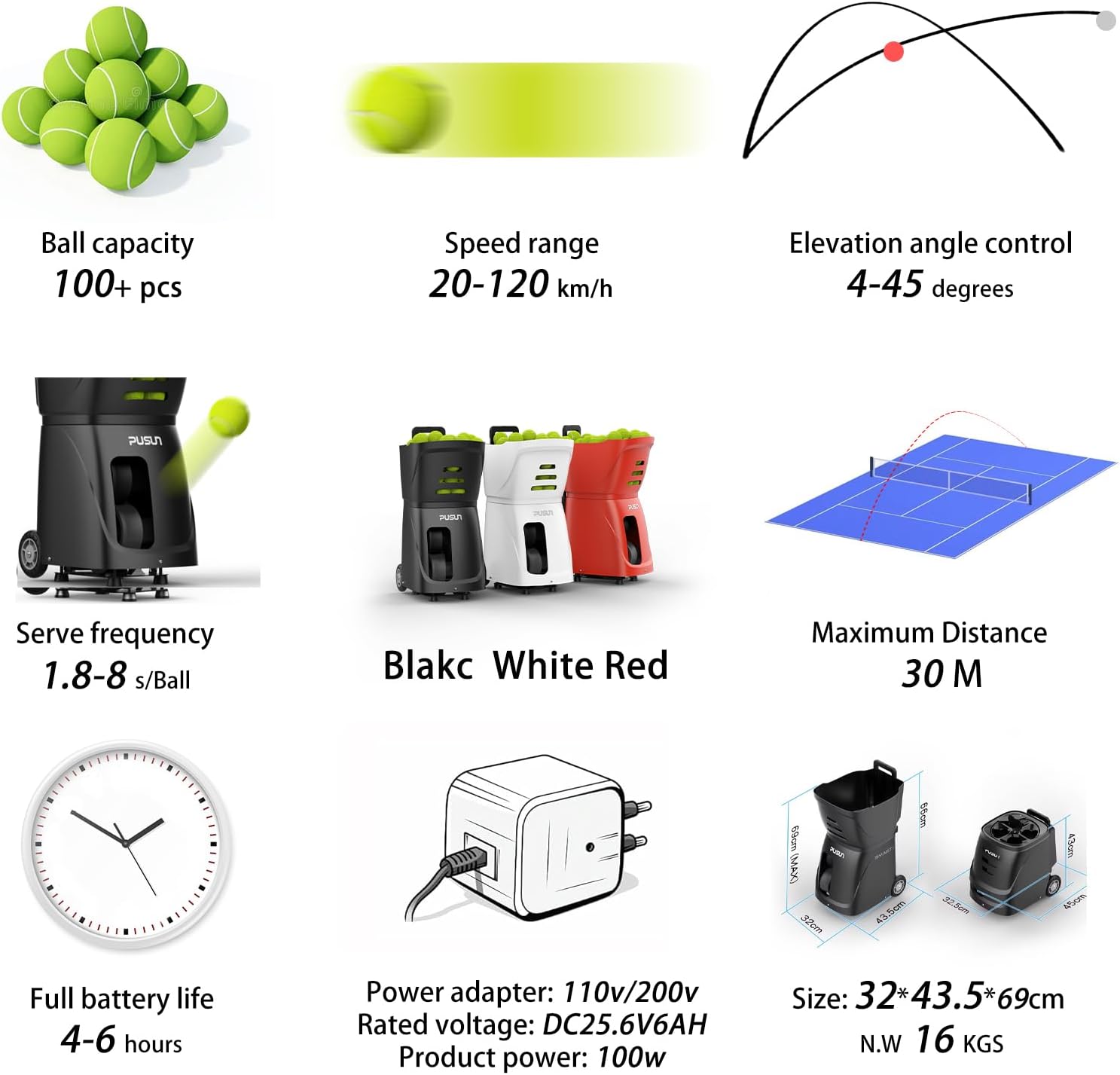 PT-SAMRT-Professional Tennis Ball Machine with App Control - 100+ Ball Capacity - 12 Training Modes - 4-6 Hours Battery Life (Black)