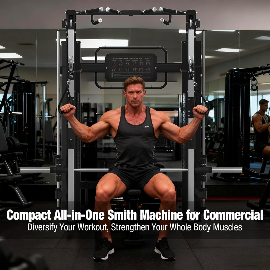 Functional Trainer Smith Machine for Commercial, Multifunctional Cable Crossover Exercise Machine, All in One Home Gym System, Compact Fitness Equipment, Workout Weight Machine for Strength Training