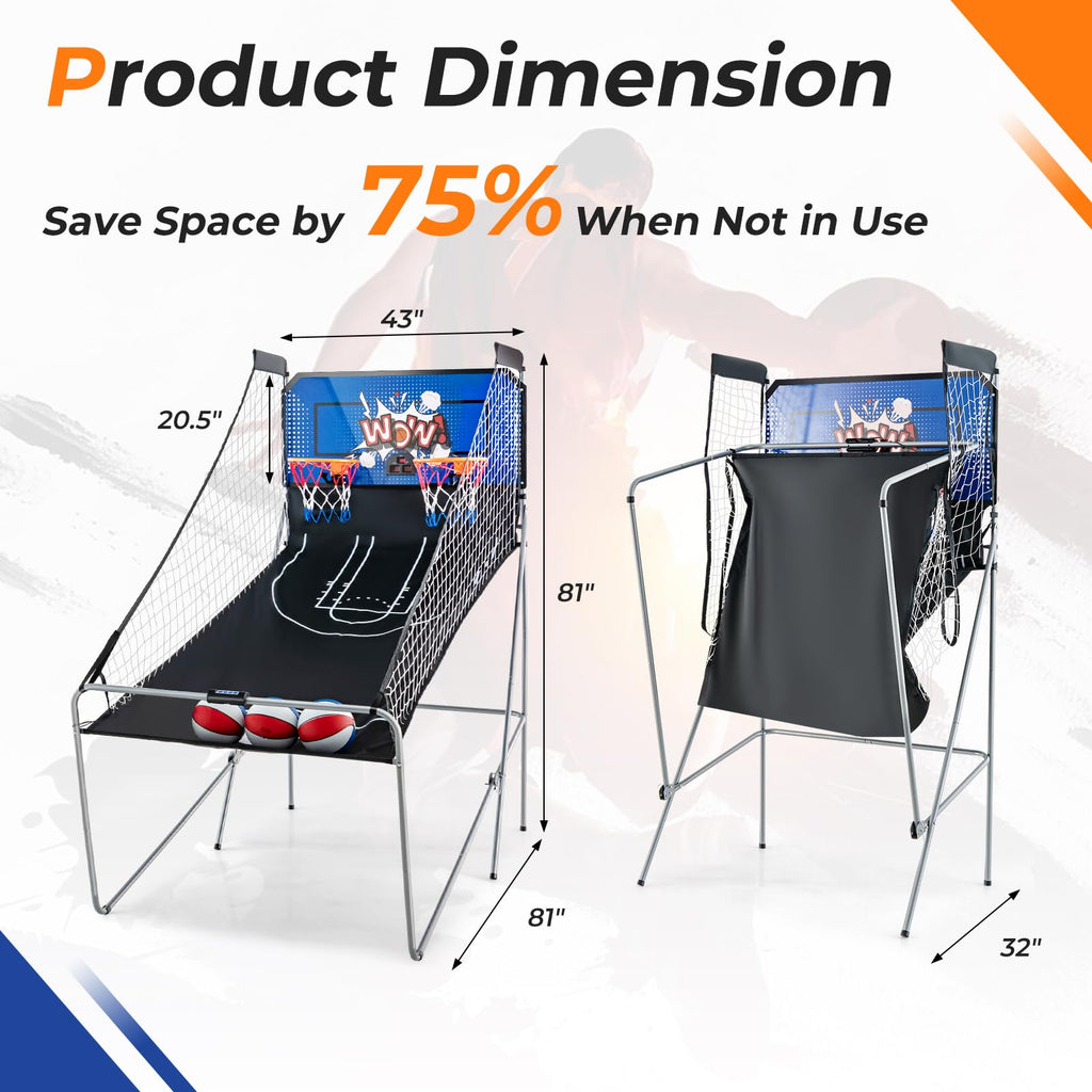 GYMAX Arcade Basketball Game Indoor Foldable with 8 Game Modes, Arcade Sound, 4 Balls and Inflation Pump, Electronic Basketball Games for Home