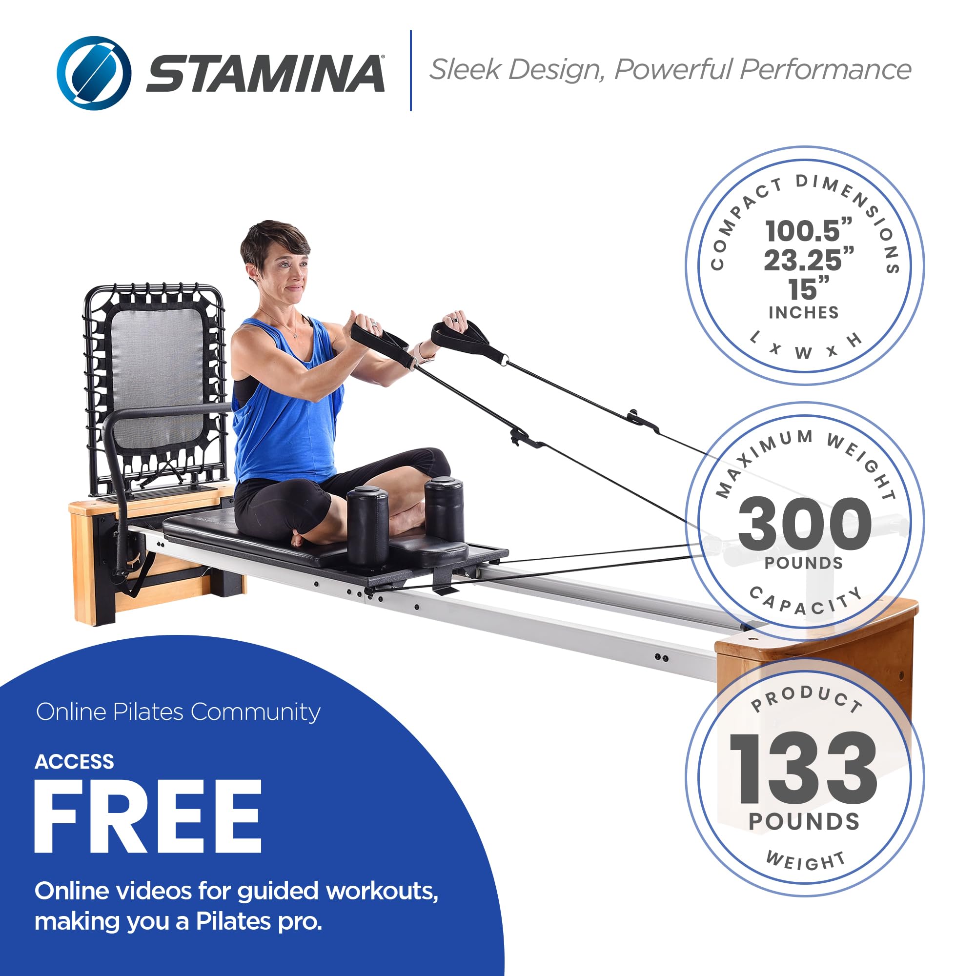 Stamina Products AeroPilates Board Reformer with Oak Wood Base – Studio Grade for Home Use with Cardio Rebounder, Adjustable Foot Bar, 4 Resistance Springs, and Workout DVD