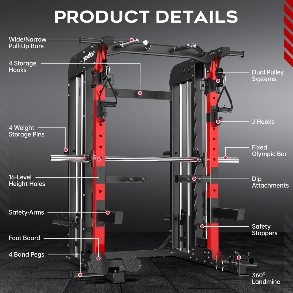 pooboo Multi-Functional Machine Power Cage, 2000LB Squat Rack, LAT-Pull Down System, Dual Pulley Cable Crossover System, Home Gym Workout Machine with Strength Training Attachments