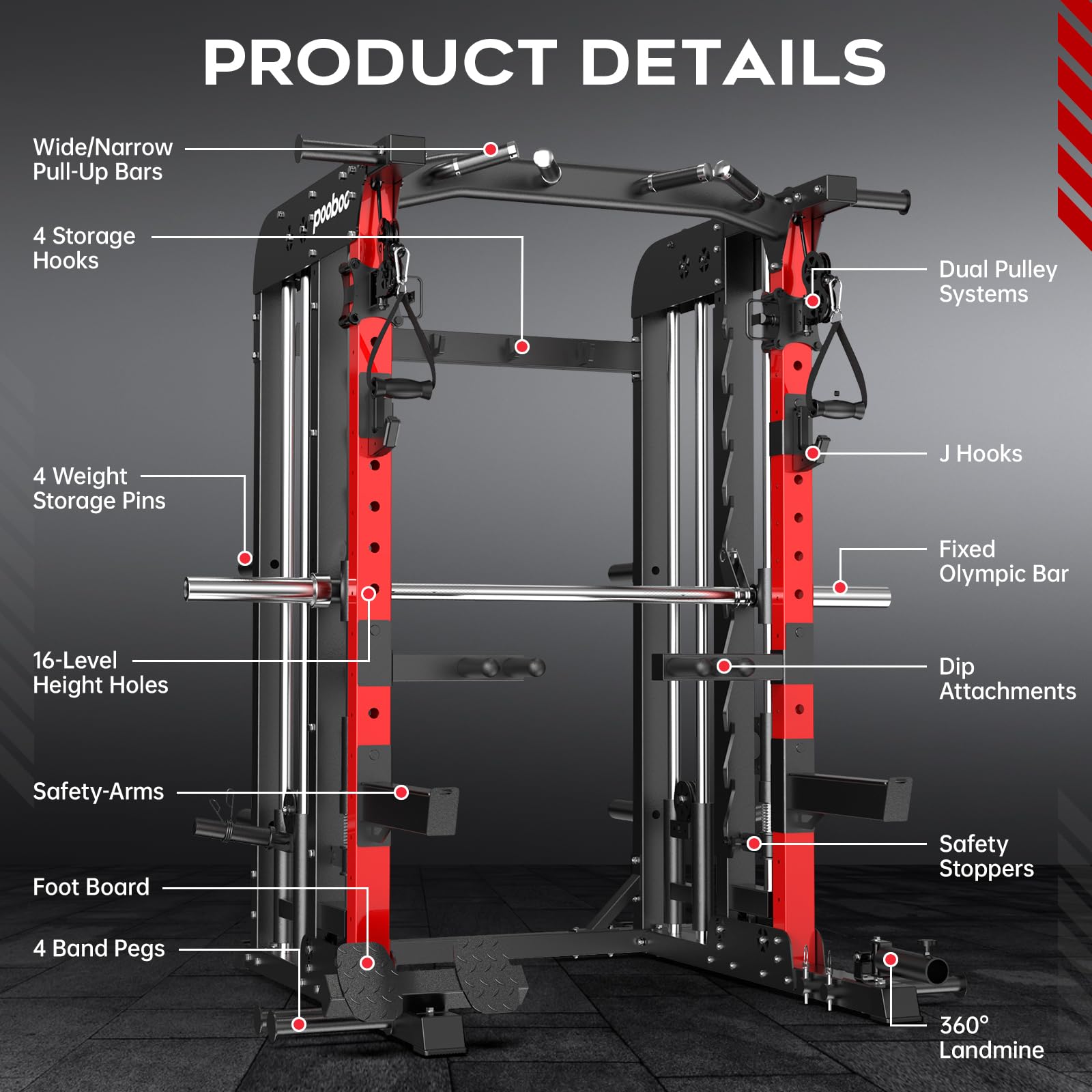 pooboo Multi-Functional Machine Power Cage, 2000LB Squat Rack, LAT-Pull Down System, Dual Pulley Cable Crossover System, Home Gym Workout Machine with Strength Training Attachments