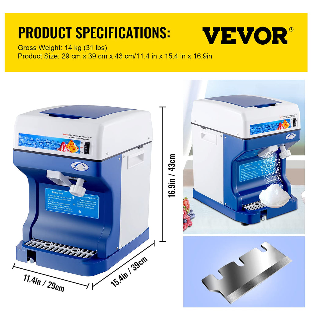 VEVOR Commercial Ice Shaver Crusher, 220lbs/hr Electric Fluffy Ice & Snow Cone Machine, 250W 1500RPM Tabletop Fluffy Shaved-Ice Machine for Parties Events Snack Bar, Home and Commercial Use (White)
