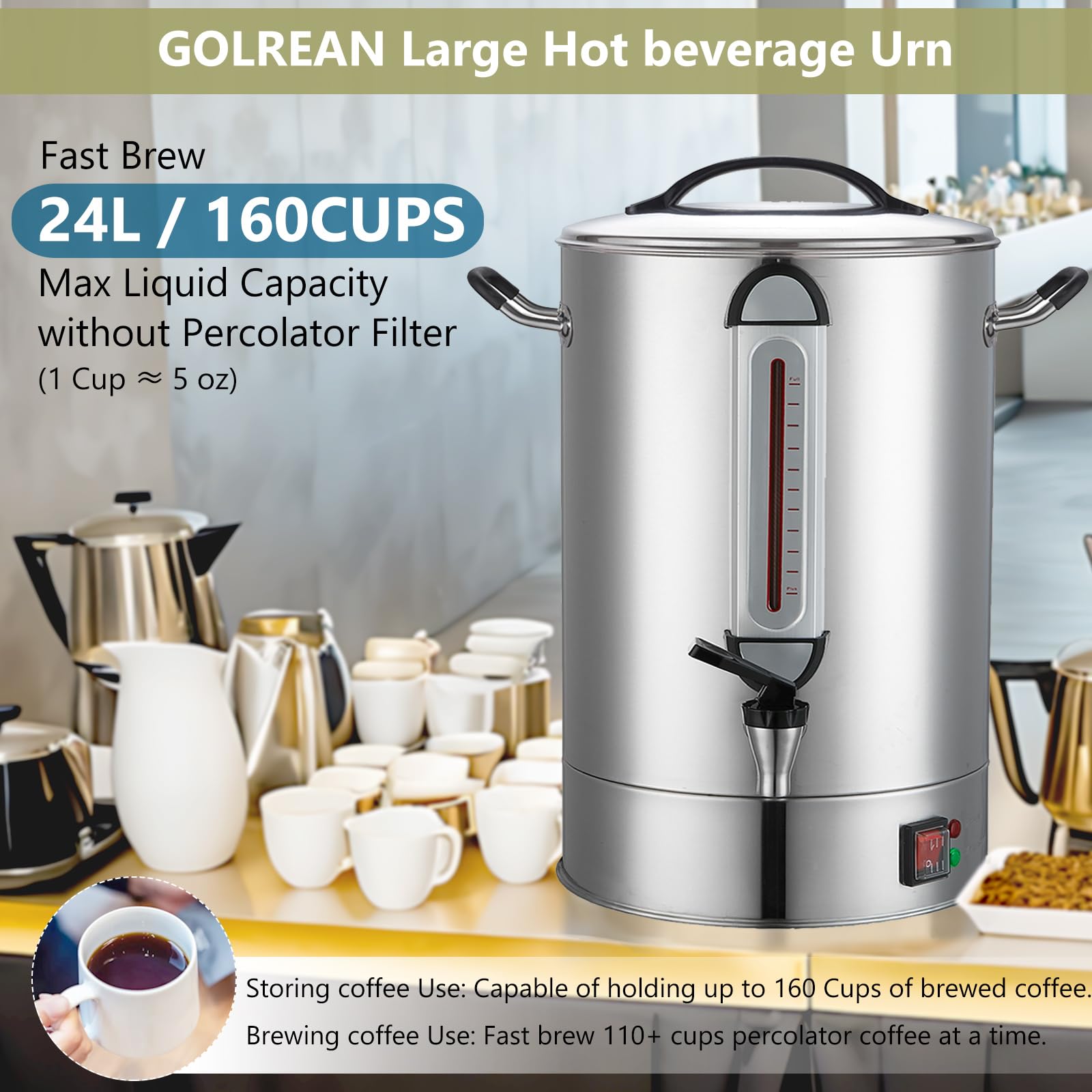 Commercial Coffee Urn 24L 160Cup Stainless Steel Quick Brew Hot Dispenser for Catering, Commercial Grade Large Capacity Coffee Maker For Meeting Rooms, Church, School, for 100+ Guests