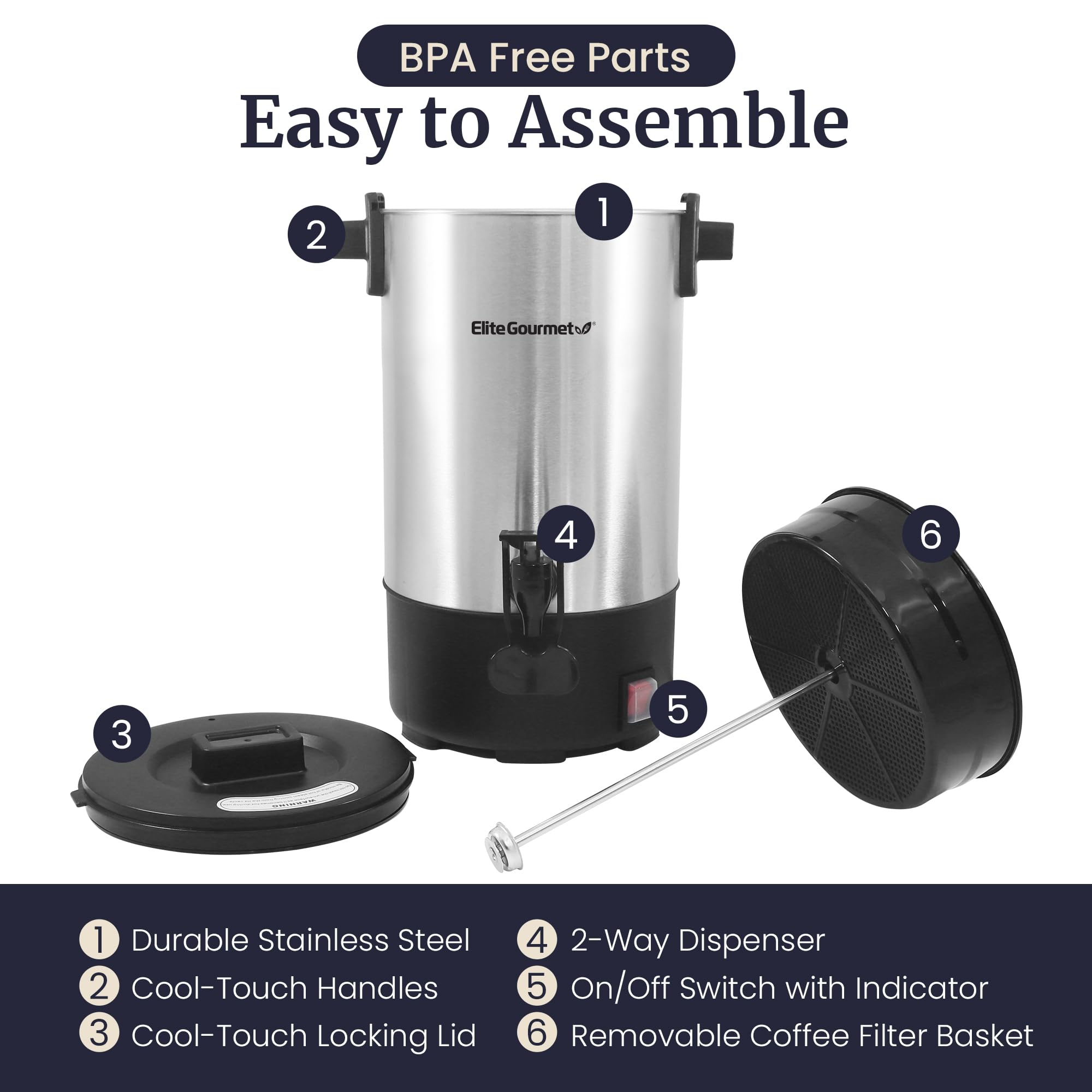 Elite Gourmet 100-Cup Commercial Coffee Urn & Hot Water Boiler – Dual-Wall Insulated, Tested to Keep Coffee Hot for 24 Hours, Dripless Faucet, Stainless Steel for Offices, Churches & Catering