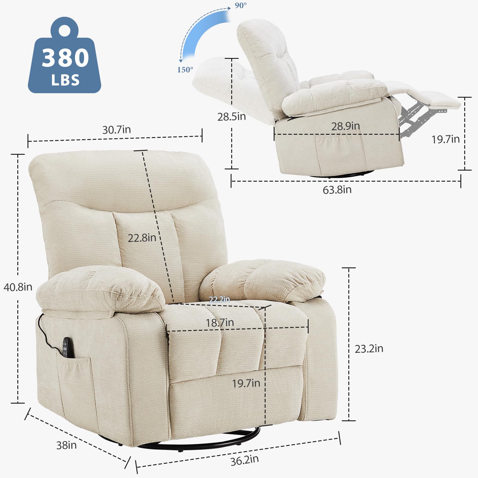 DUMOS Rocker Recliner Chair, Swivel Recliner with Vibration Massage & Lumbar Heating, 270° Rotating Chenille Fabric Recliner with footrest for Living Room & Bedroom, Grey
