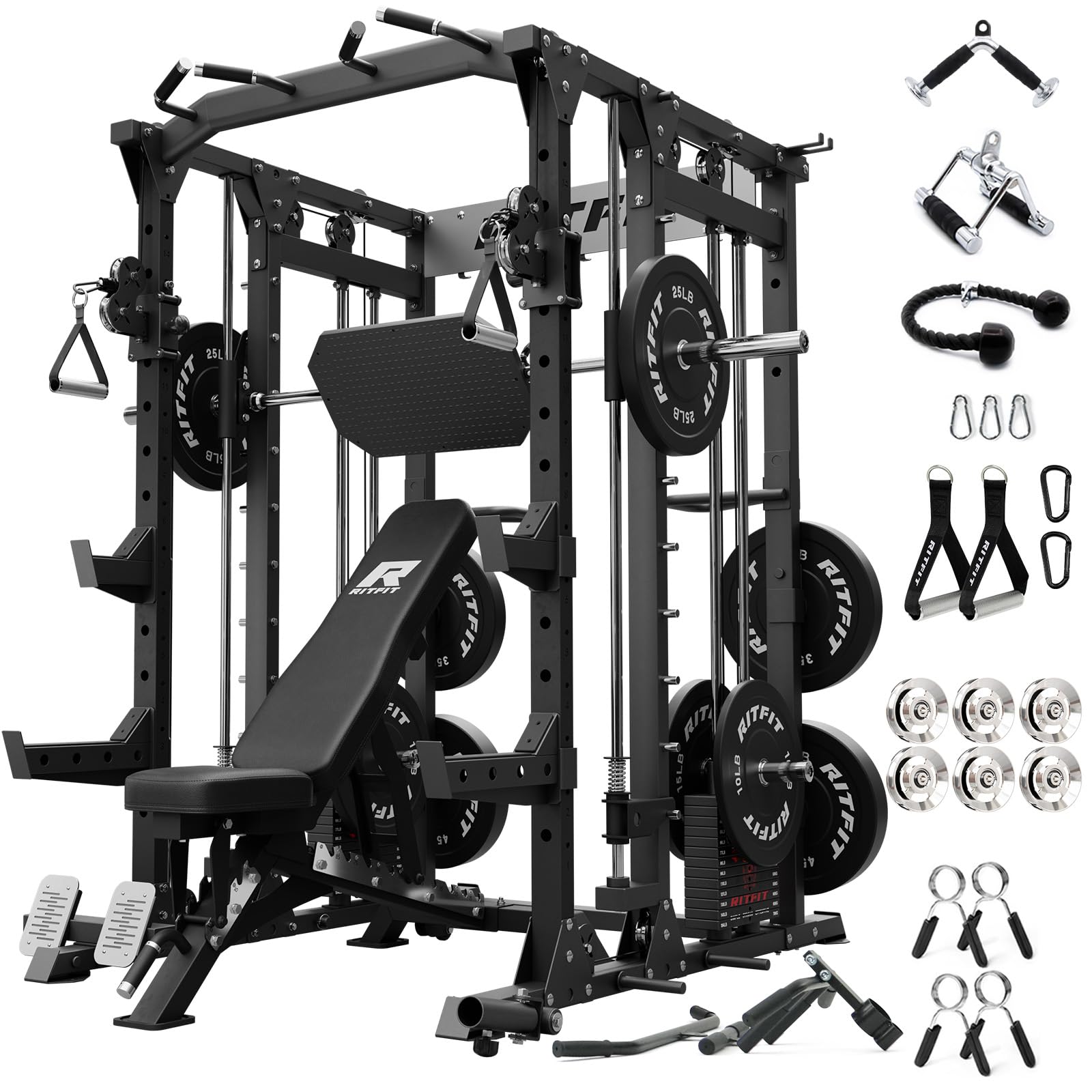 RitFit Buffalo Smith Machine Package, All-in-One Power Cage with Weight Stack , Power Rack with Cable Crossover & Leg Press Attachment for Home Gym
