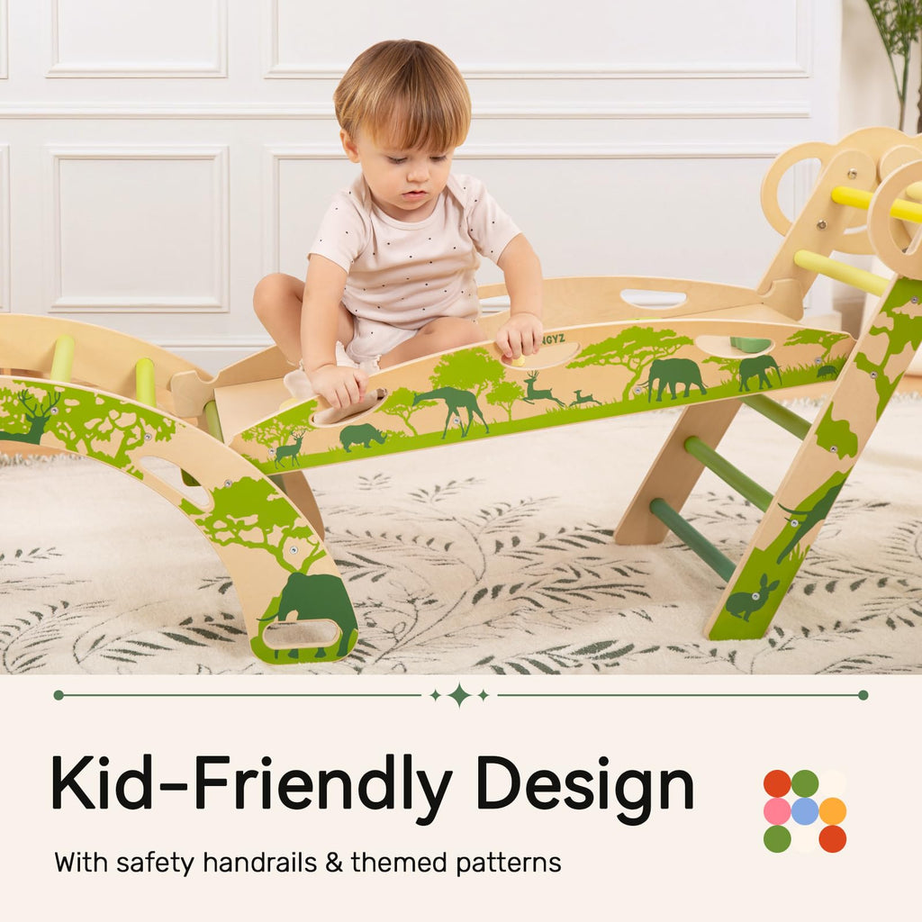 WINGYZ Pikler Triangle Set, Montessori Foldable 8-in-1 Jungle Gym & Reversible Animal Slide, Patent-Protected Climbing Set, Safe 2.35" Gap ASTM F963 Standards for Toddlers 18 Months-5 Years (Rainbow)