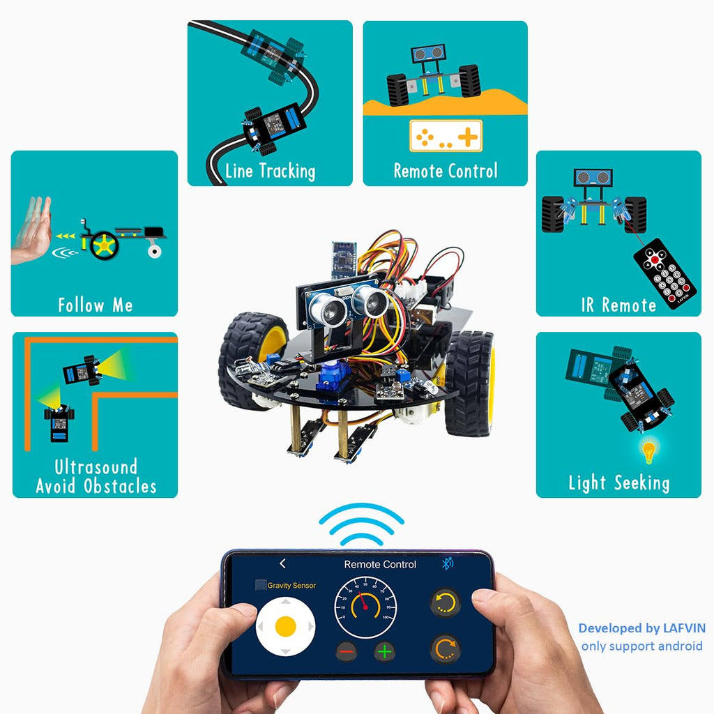 LAFVIN 2WD Smart Robot Car Kit with R3 Board, Ultrasonic Sensor, L298N Motor Driver, IR Remote Control, Obstacle Avoidance STEM Educational DIY Kit for Beginners