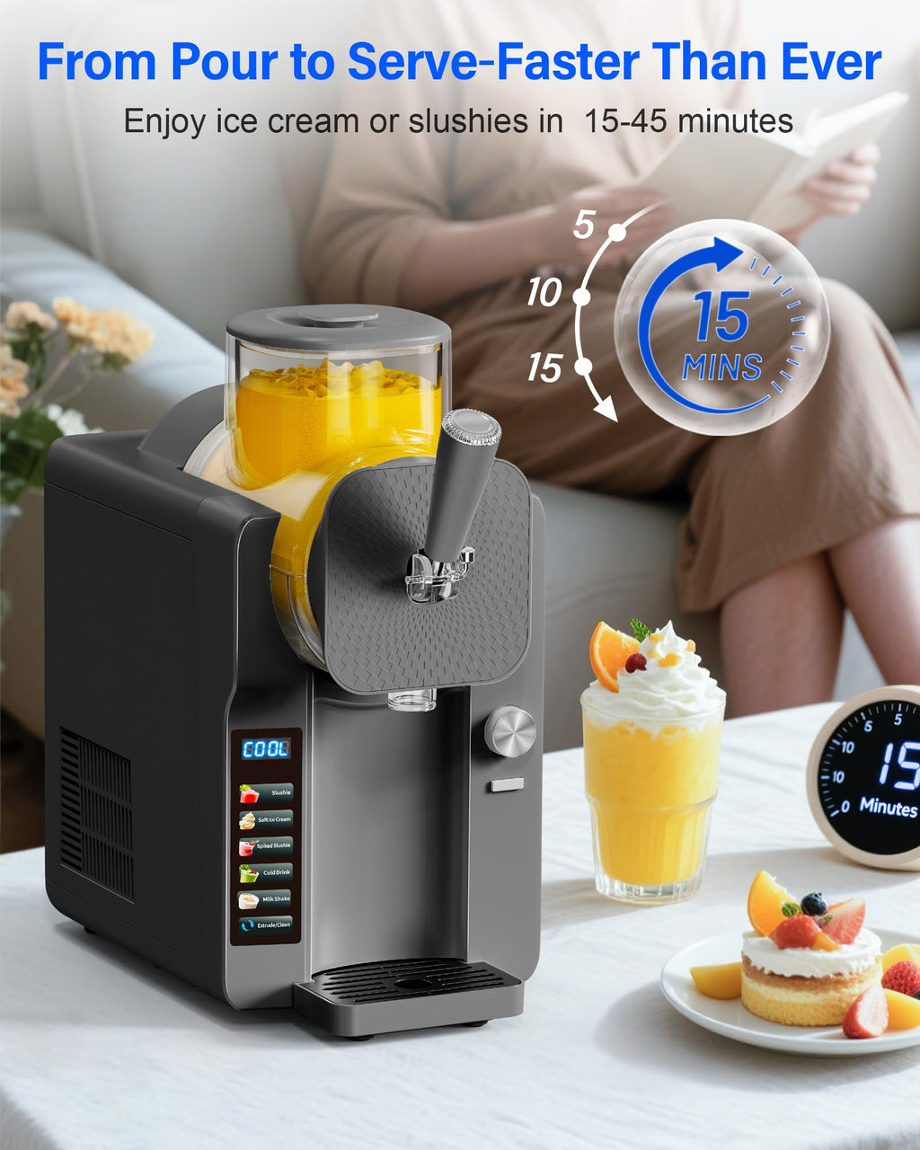 Slush Machine & Ice Cream Maker Machine 2-IN-1, 6 Modes for Smoothies, Milkshakes, Cocktails, Margarita, and Ice Cream, Double-Layer Tank, With Ice Cream Cone Holder, Self-Cleaning, For Home Use