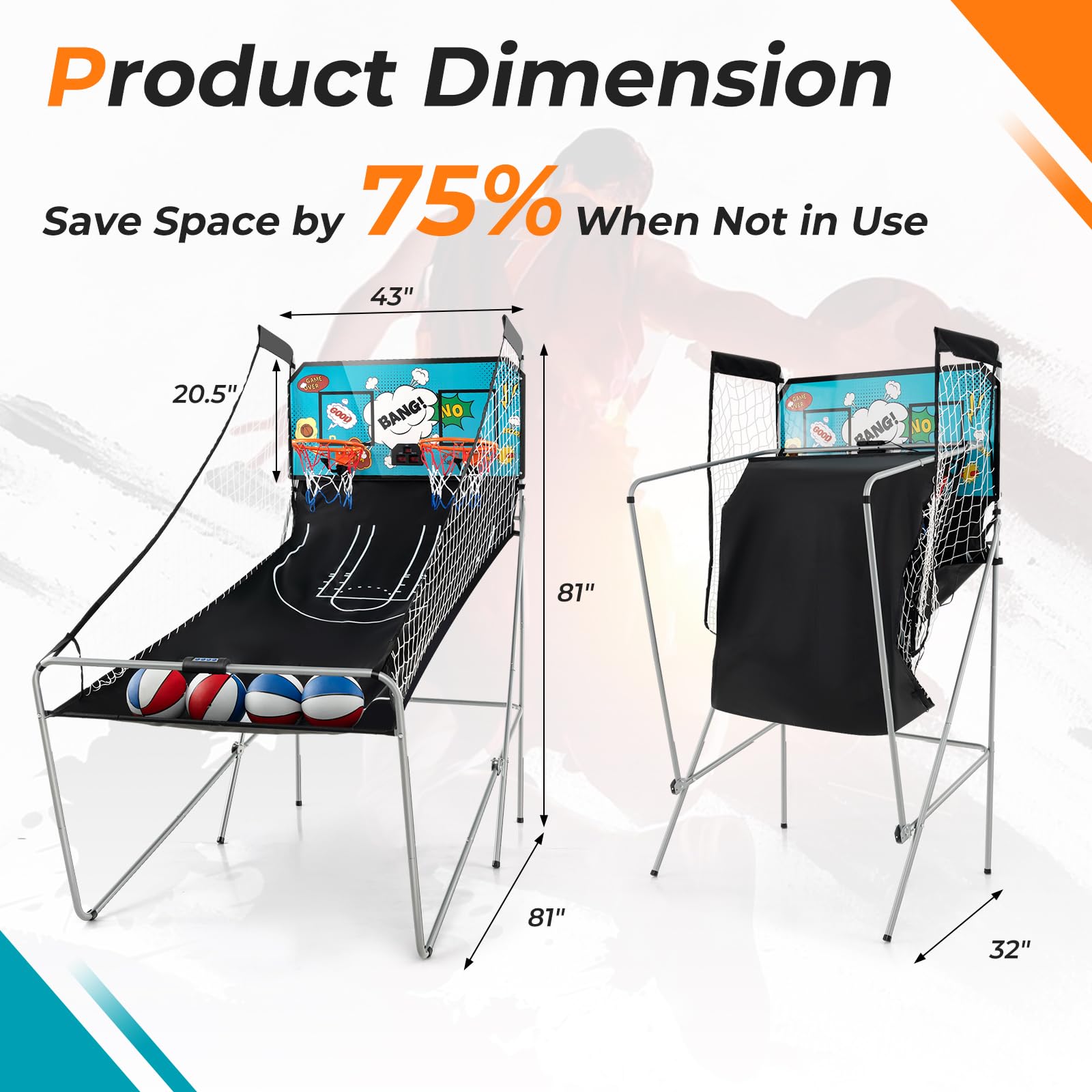 GYMAX Arcade Basketball Game Indoor Foldable with 8 Game Modes, Arcade Sound, 4 Balls and Inflation Pump, Electronic Basketball Games for Home