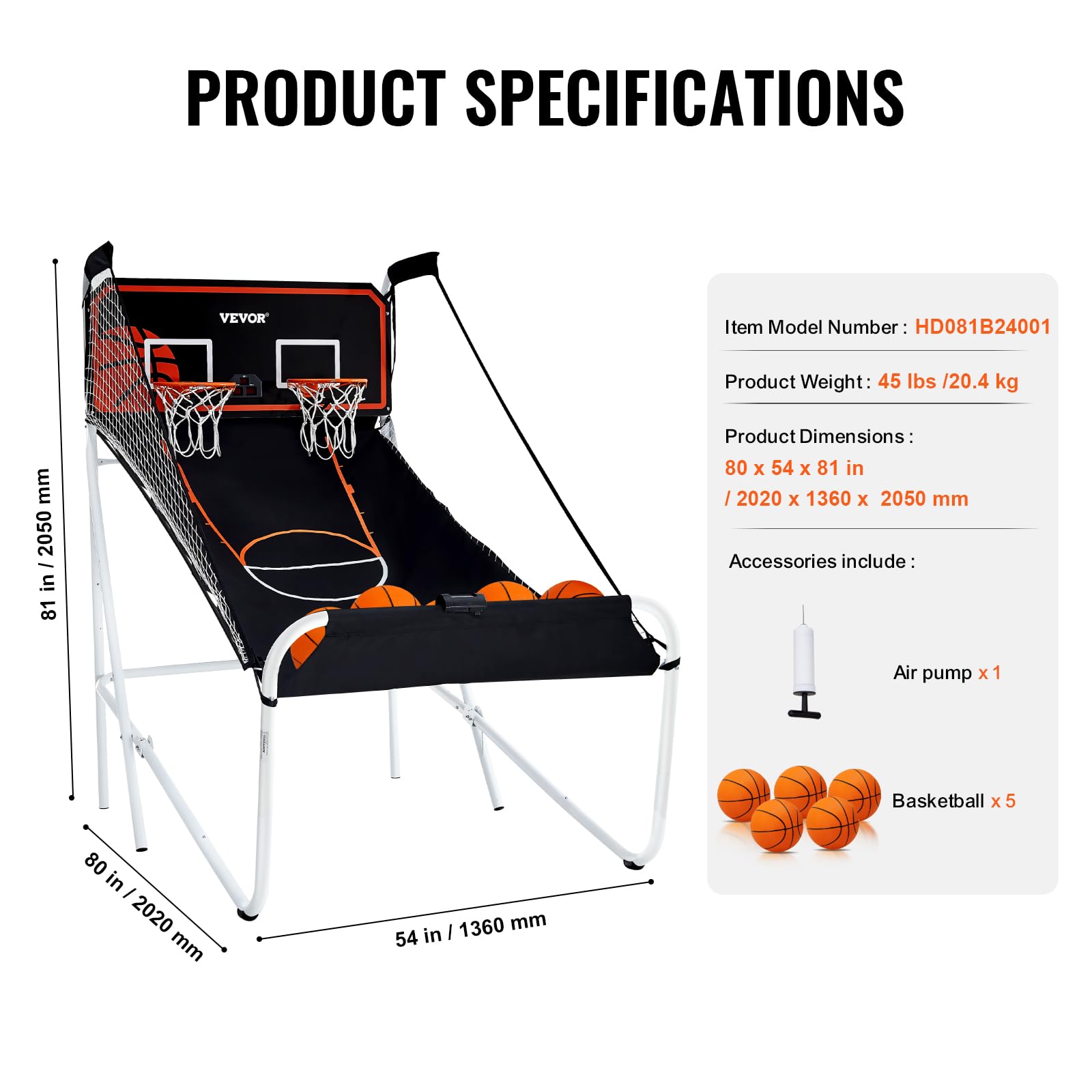 VEVOR Basketball Arcade Game Indoor, 2 Player Indoor Basketball Game, Home Dual Sport with 8 Game Modes, Electronic Scoreboard, and Inflation Pump,Adults