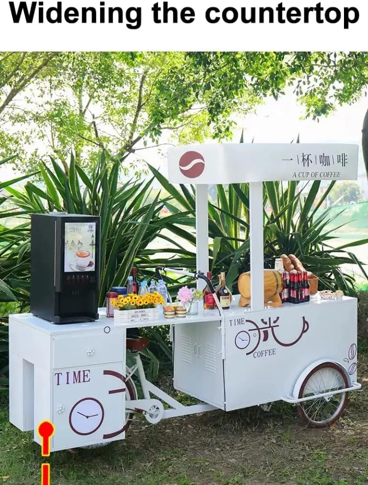 Mobile Ice Cream Bicycle Cart, White Commercial Tricycle Vending Station with Coffee Machine, Display Counter, Storage Compartments for Beverages