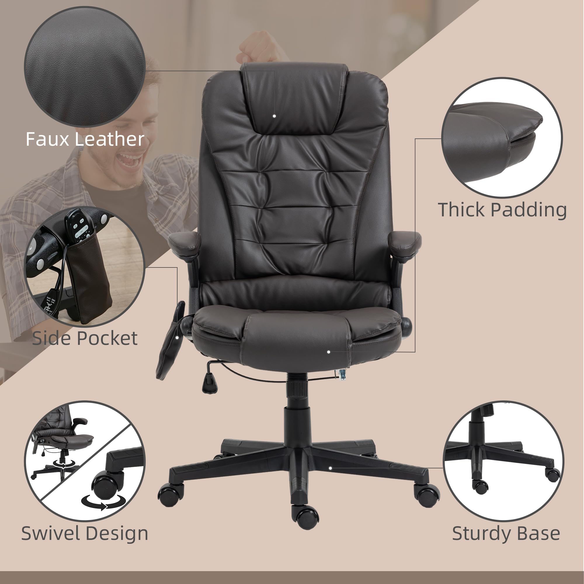 HOMCOM High Back Vibration Massage Office Chair with 6 Vibration Points, Heated Reclining PU Leather Computer Chair with Armrest and Remote, Brown