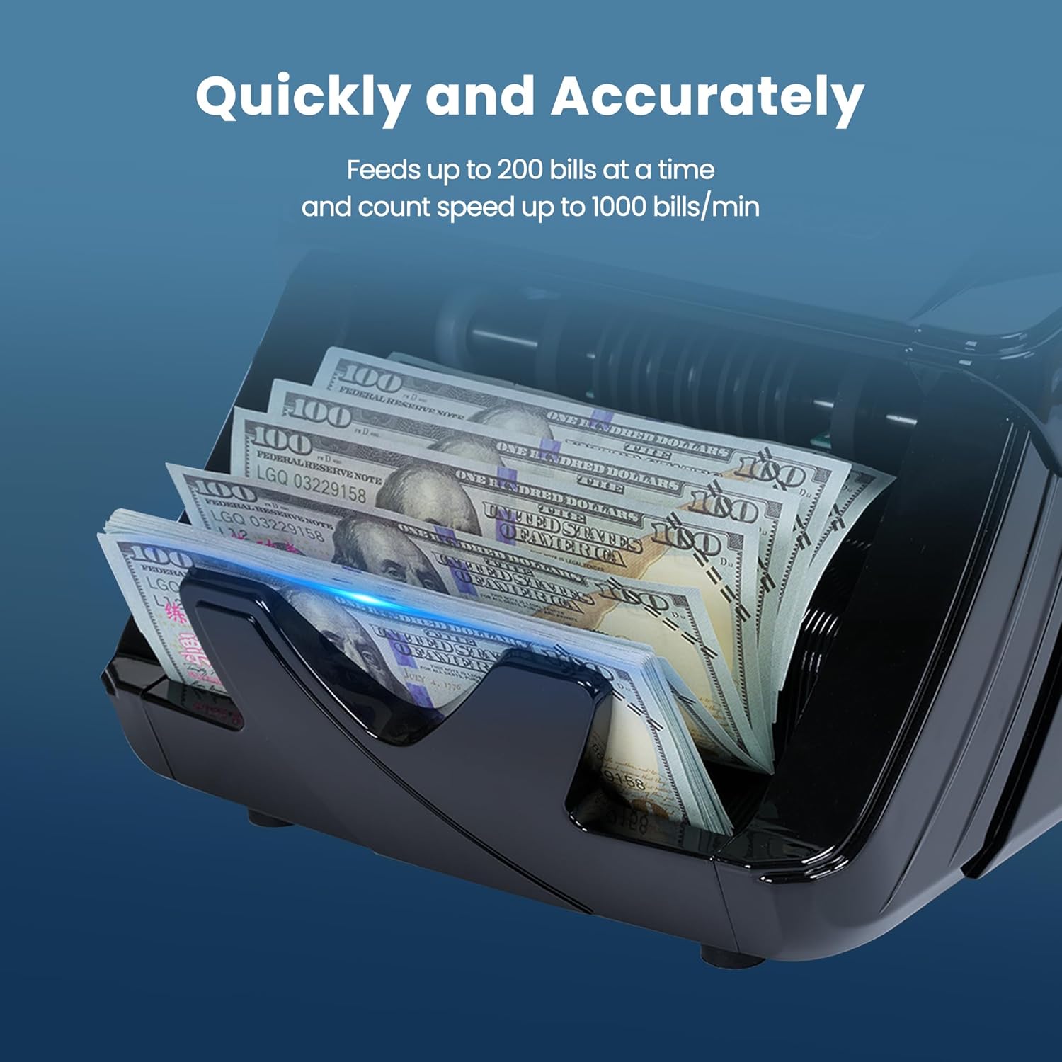 BODIOO Professional Money Counter Machine with UV/MG/IR/DD Detection, High-Speed 1000 Bills per Minute, USD and EUR Support, External LCD Display,Black