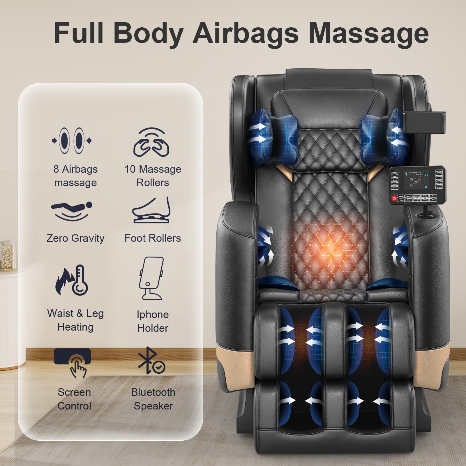 FURNIMAT 2026 Massage Chair Full Body, Zero Gravity Massage Chair with 10 Fix Rollers, Airbags, Heating, Foot Massage, Auto Modes, Bluetooth Speaker, Smart Screen Controller (Advanced Version)