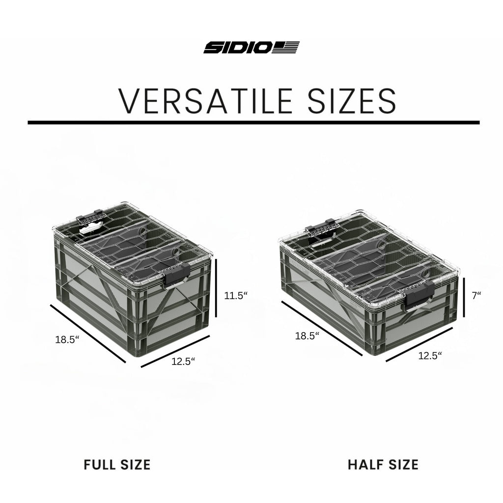 SIDIO CRATE Starter Pack - Two Full Size and One Half Size SidioCrate, Stackable Outdoor Organizer Storage Bins with Clear Lid and Dividers - Tan