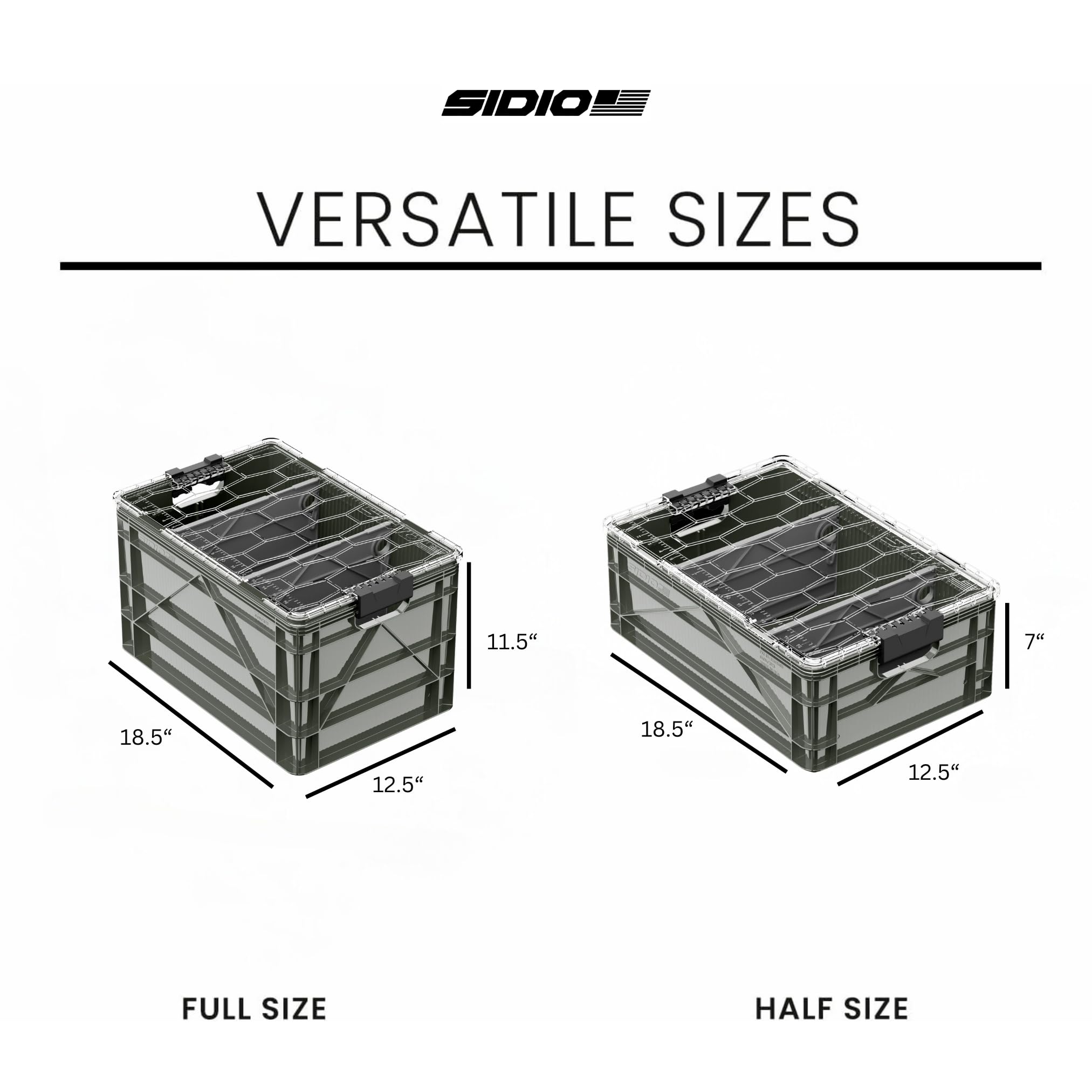 SIDIO CRATE Starter Pack - Two Full Size and One Half Size SidioCrate, Stackable Outdoor Organizer Storage Bins with Clear Lid and Dividers - Tan