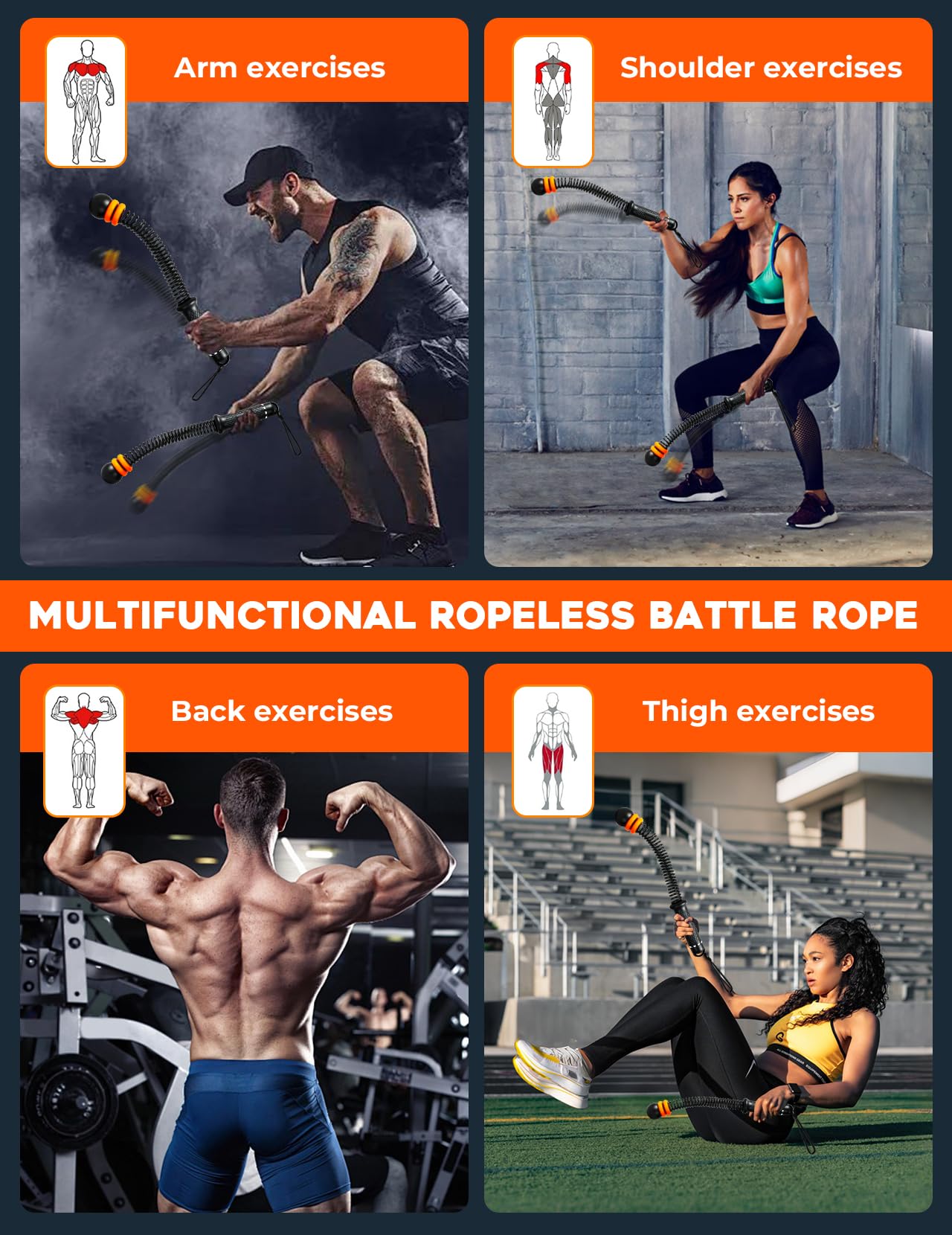 Cordless Battle Ropes 2 Pack Adjustable Weight Portable Ropeless Battle Ropes for Home Gym Full Body Workout with Non Slip Handle and Training Poster for HIIT Cardio Strength Training Men Women,Black