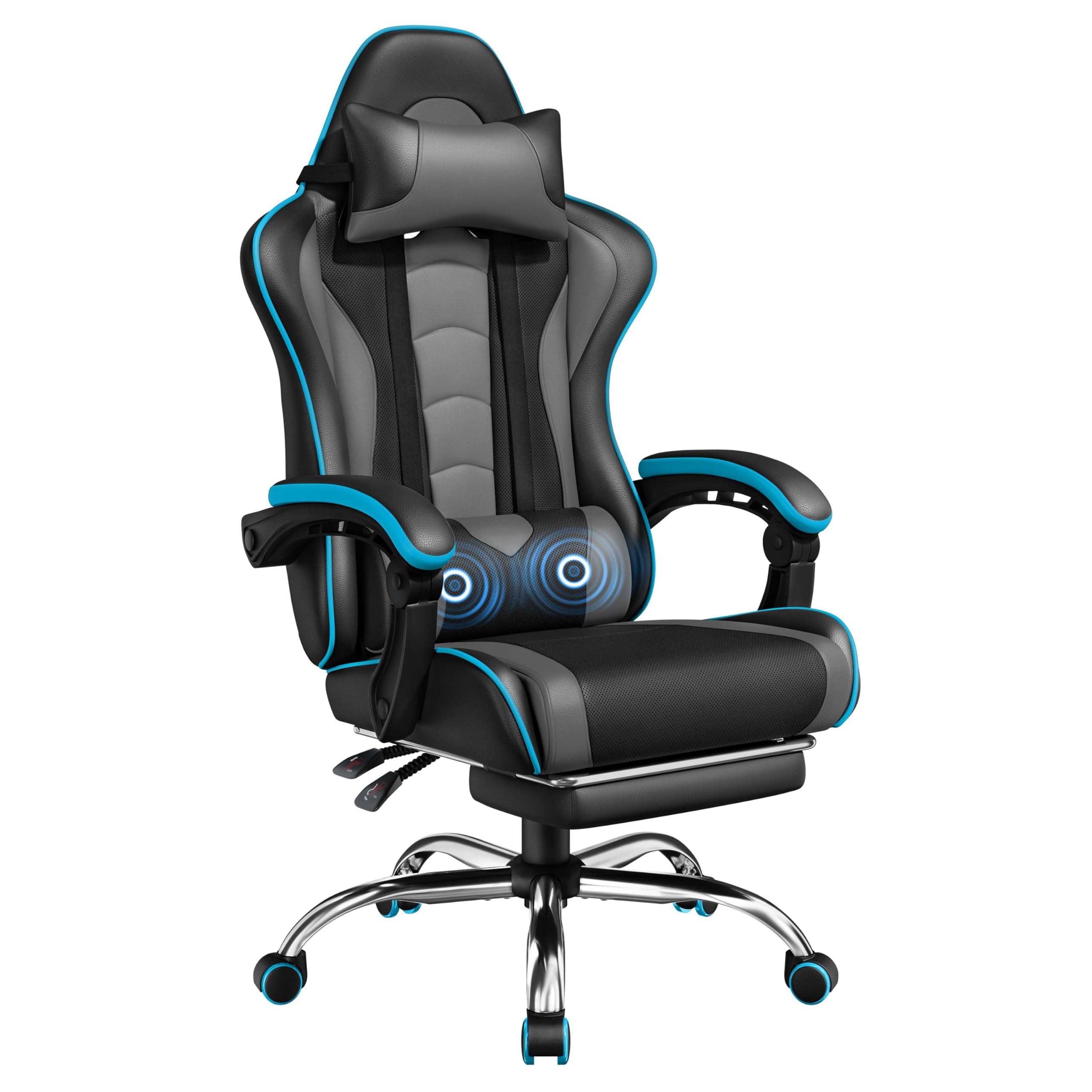 Yaheetech Gaming Chair with Electric Massage Lumbar Support, Footrest & Headrest — Ergonomic High Back Recliner for Home Office, Computer Desk Chair, Height Adjustable, 300 lbs, Black/White