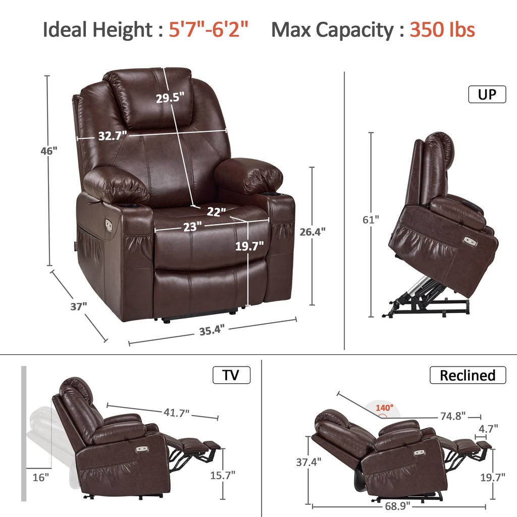 MCombo Electric Power Lift Recliner Chair Sofa with Massage and Heat for Elderly, 3 Positions, 2 Side Pockets, and Cup Holders, USB Ports, Faux Leather 7040 (Grey, Medium)