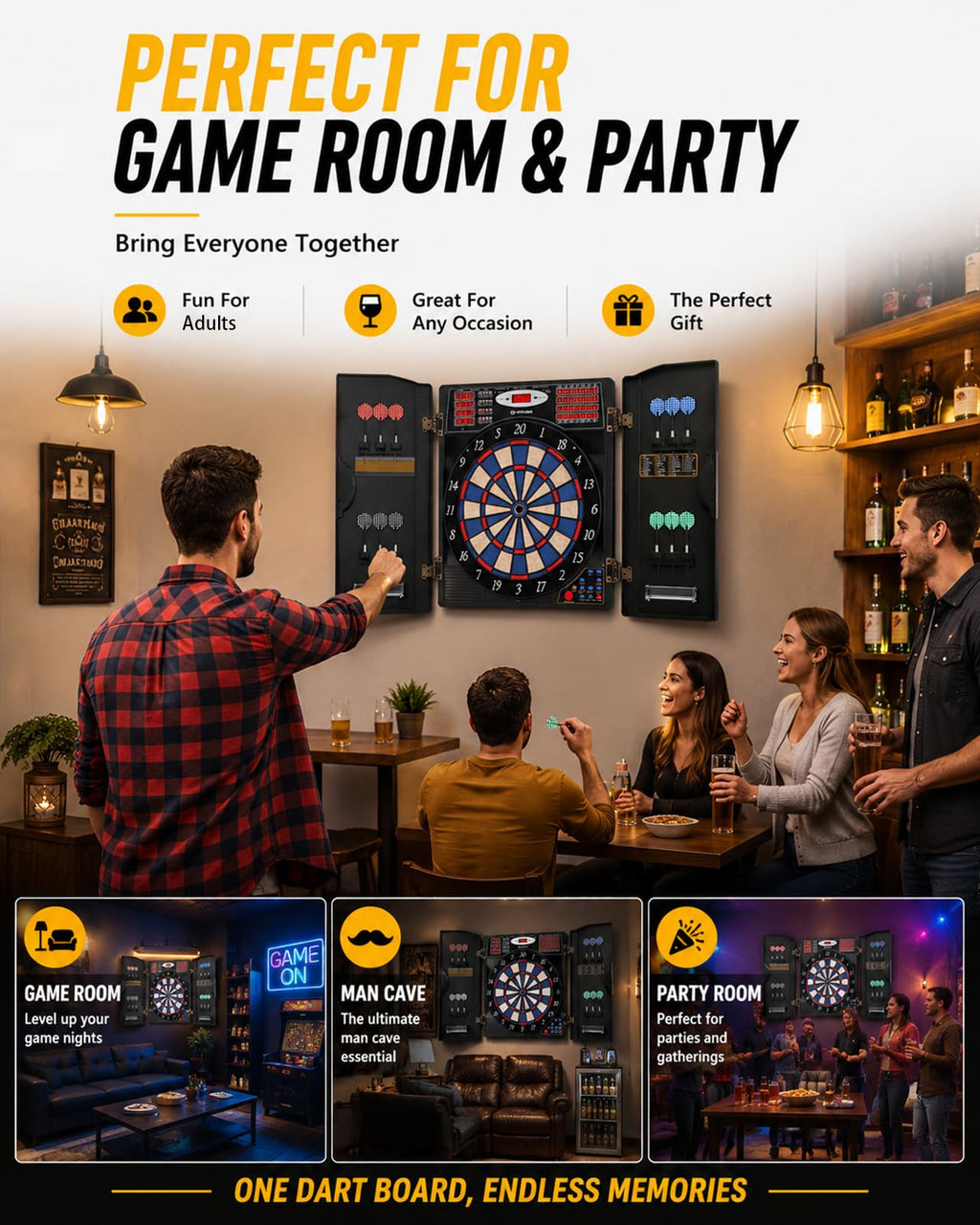 WIN.MAX Electronic Dart Board, Soft Tip Dartboard Cabinet Set for Adults, LED Scoring Dartboard with 38 Games & 211 Variants, Up to 16 Players, 12 Darts+40 Tips, Wall Mount for Bar Game Room Man Cave