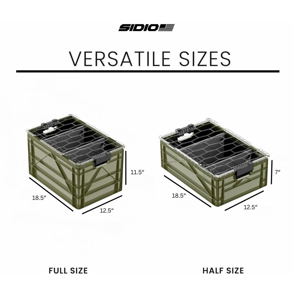 SIDIO CRATE Starter Pack - Two Full Size and One Half Size SidioCrate, Stackable Outdoor Organizer Storage Bins with Clear Lid and Dividers - Tan