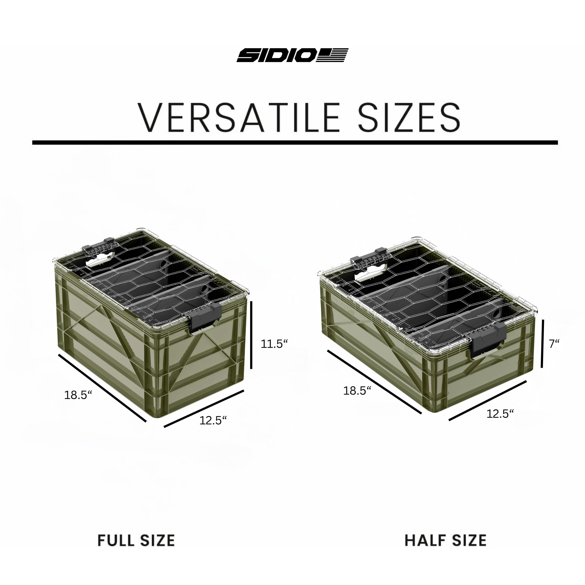 SIDIO CRATE Starter Pack - Two Full Size and One Half Size SidioCrate, Stackable Outdoor Organizer Storage Bins with Clear Lid and Dividers - Tan