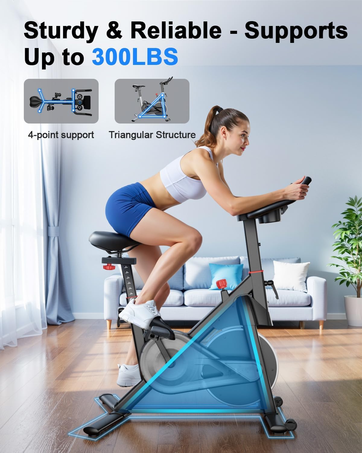 Superun Exercise Bike, Stationary Bikes for Home with Brake Pad, Low Noise Spin Bike with 300LBS Weight Capacity, Indoor Cycling for Home Gym with Pad Mount LCD Monitor and Cup Holder